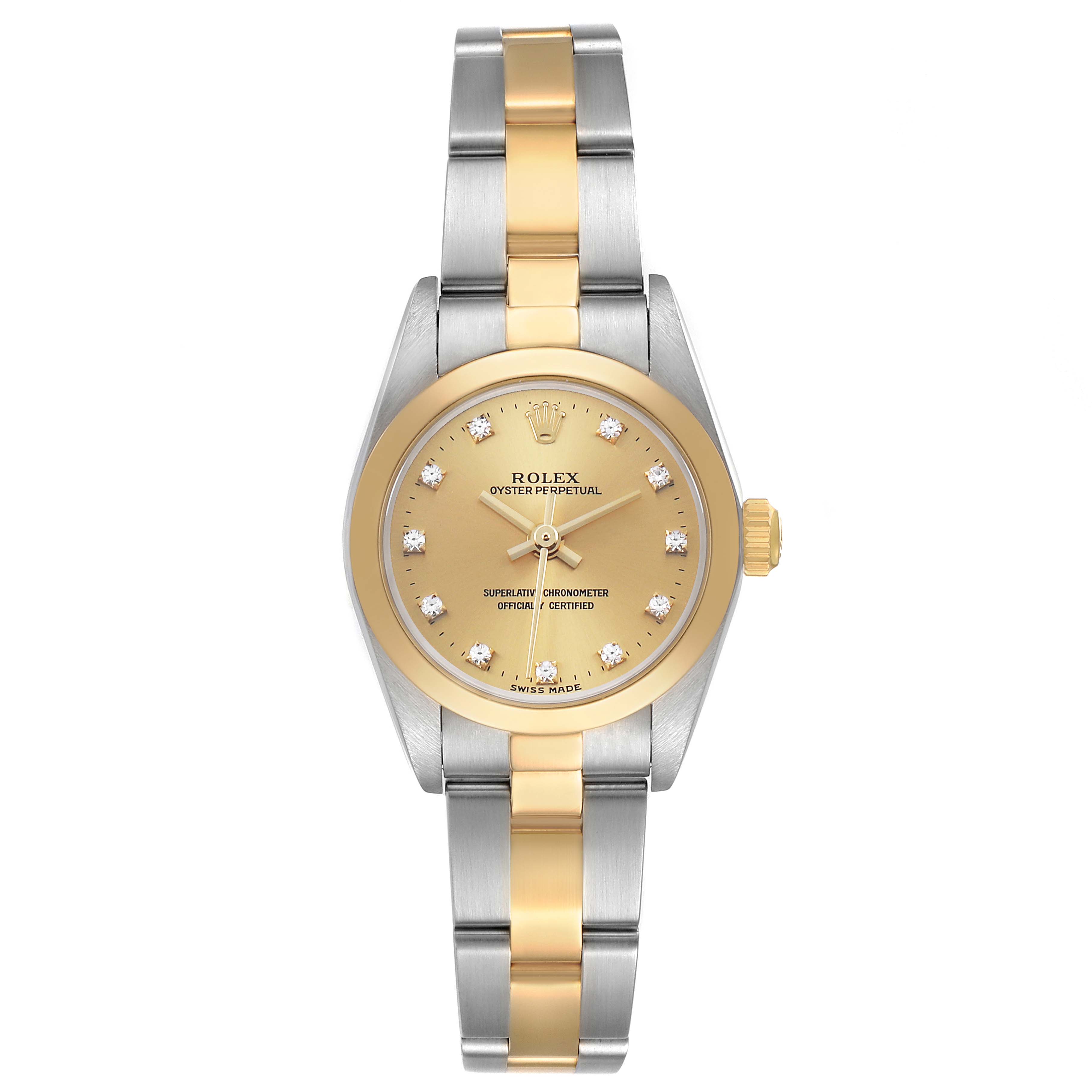 The Rolex Oyster Perpetual 76183 Women's Steel and Gold (two tone) Champagne Dial watch is shown from a front view, displaying its gold and stainless steel bracelet and diamond hour markers.