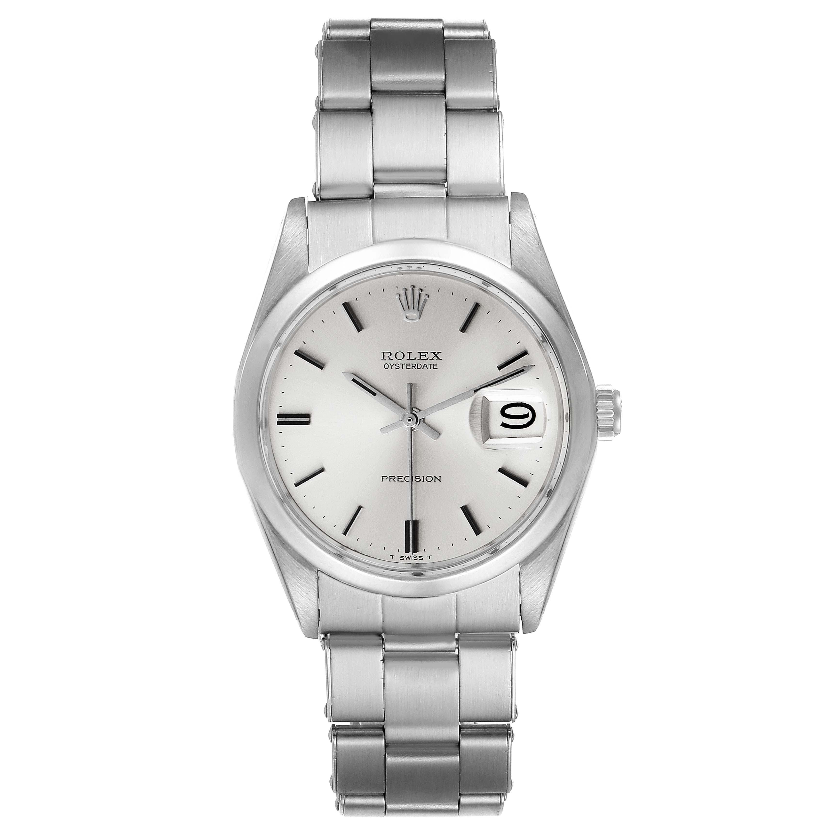 This image shows a frontal view of the Rolex Vintage Collection 6694 Men
s Stainless Steel Silver Dial 6694 Men
s Stainless Steel Silver Dial Oysterdate watch, including the dial, hands, date window, and bracelet.