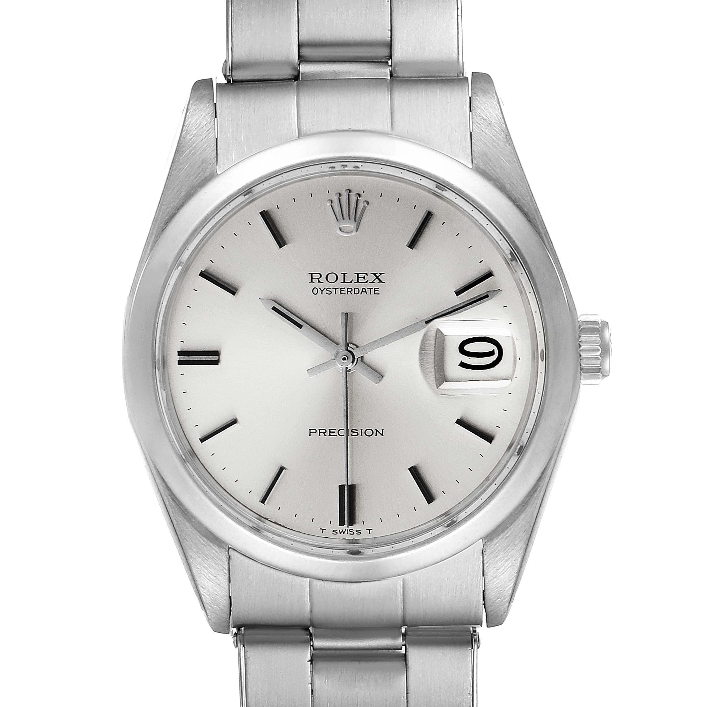 This image shows a front view of the Rolex Oysterdate Precision watch, part of the Vintage Collection, focusing on its face and bracelet.