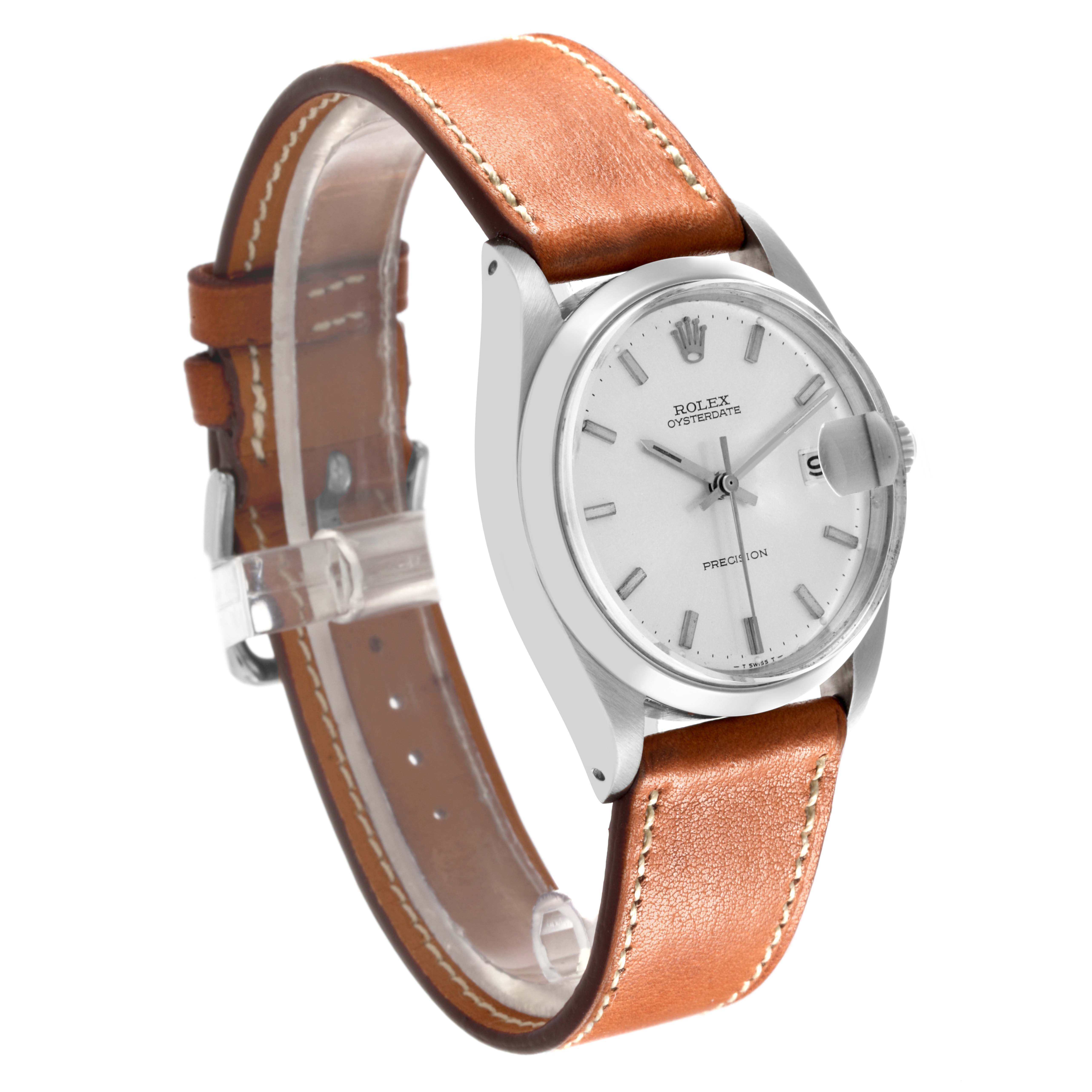 The Rolex Vintage Collection 6694 Men's Stainless Steel Silver Dial 6694 Men's Stainless Steel Silver Dial watch is shown at an angled view, highlighting the face, crown, and brown leather strap.