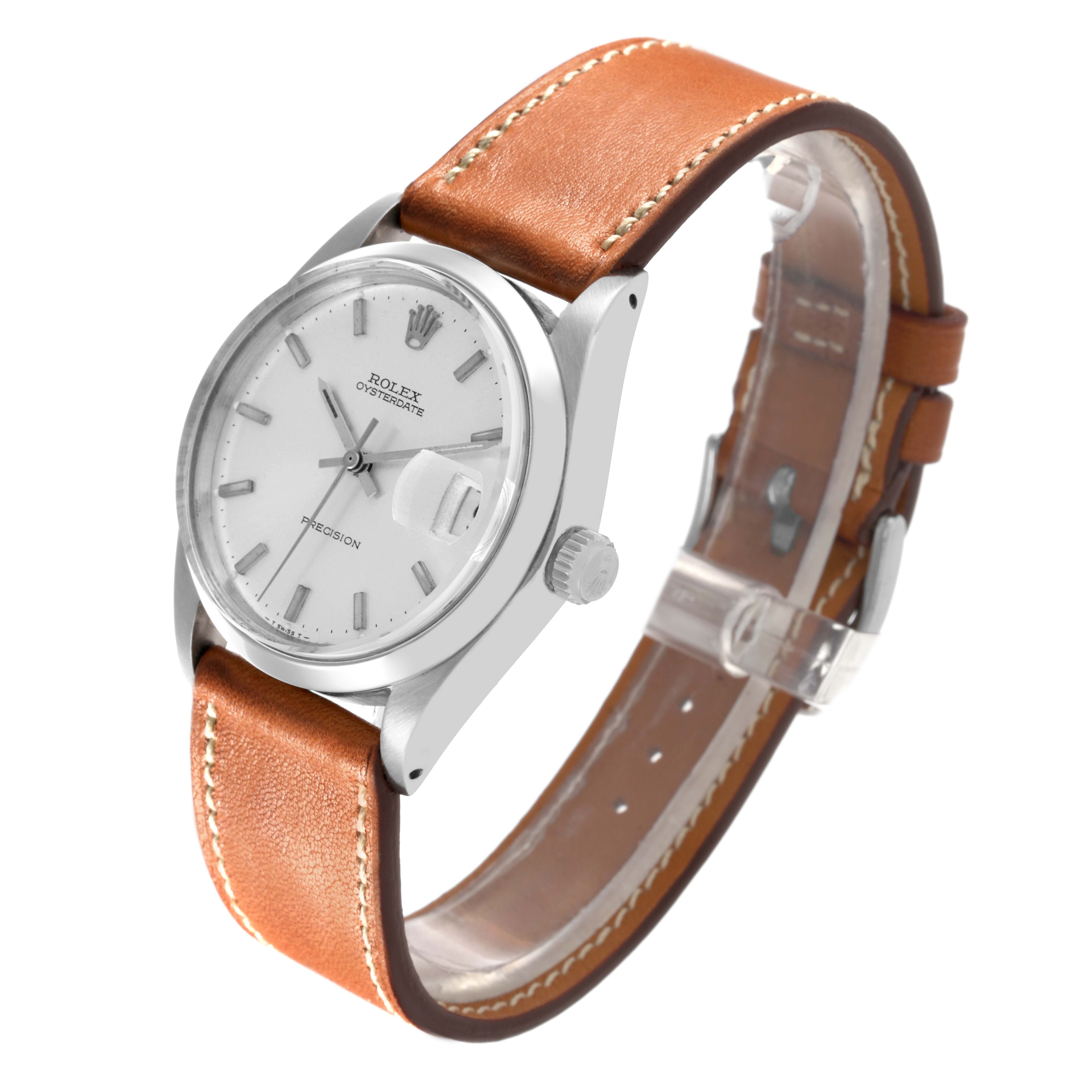 The Rolex Vintage Collection 6694 Men's Stainless Steel Silver Dial 6694 Men's Stainless Steel Silver Dial watch is shown at a three-quarter angle, displaying the face, crown, and leather strap.