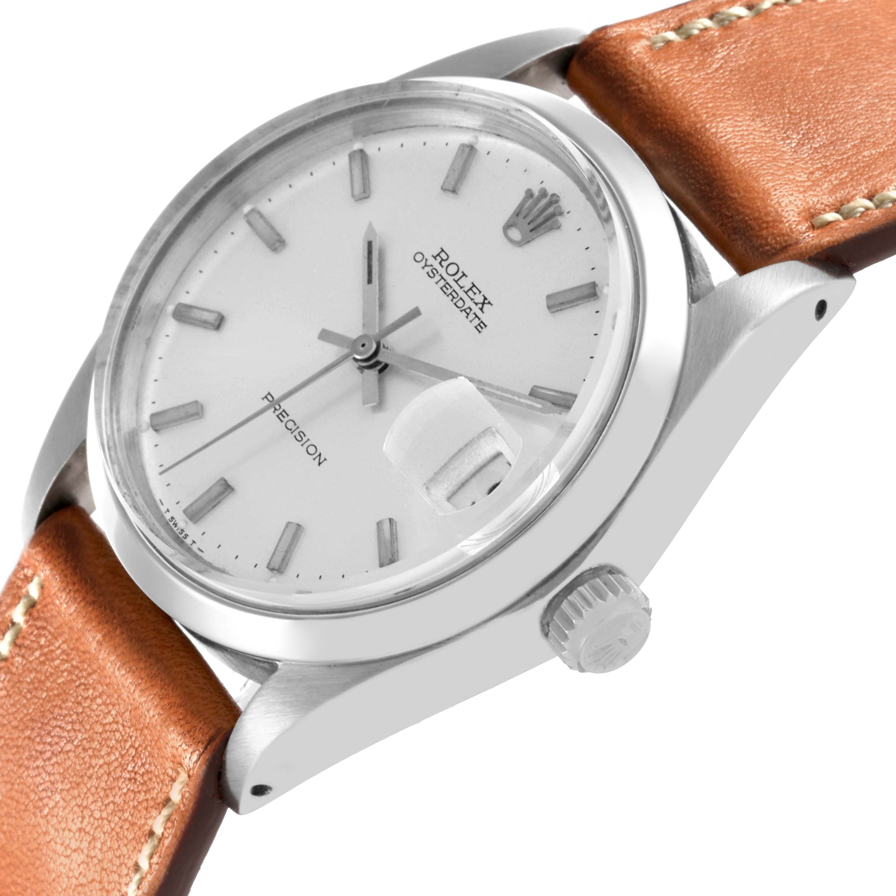 The Vintage Collection model by Rolex is shown at an angle highlighting the watch face, crown, and leather strap.