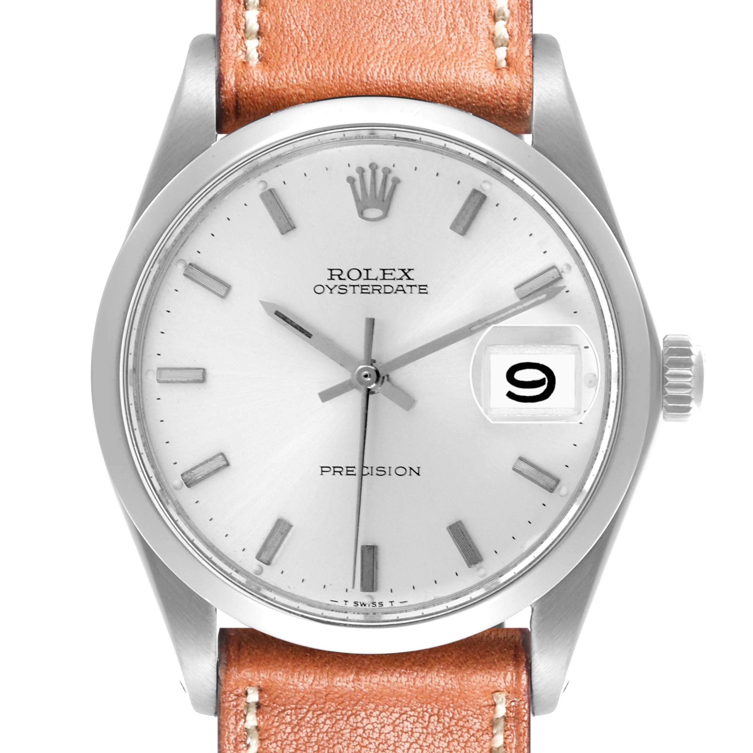 The Rolex Vintage Collection 6694 Men's Stainless Steel Silver Dial 6694 Men's Stainless Steel Silver Dial watch is shown from a front angle, displaying the face, bezel, crown, and leather strap.