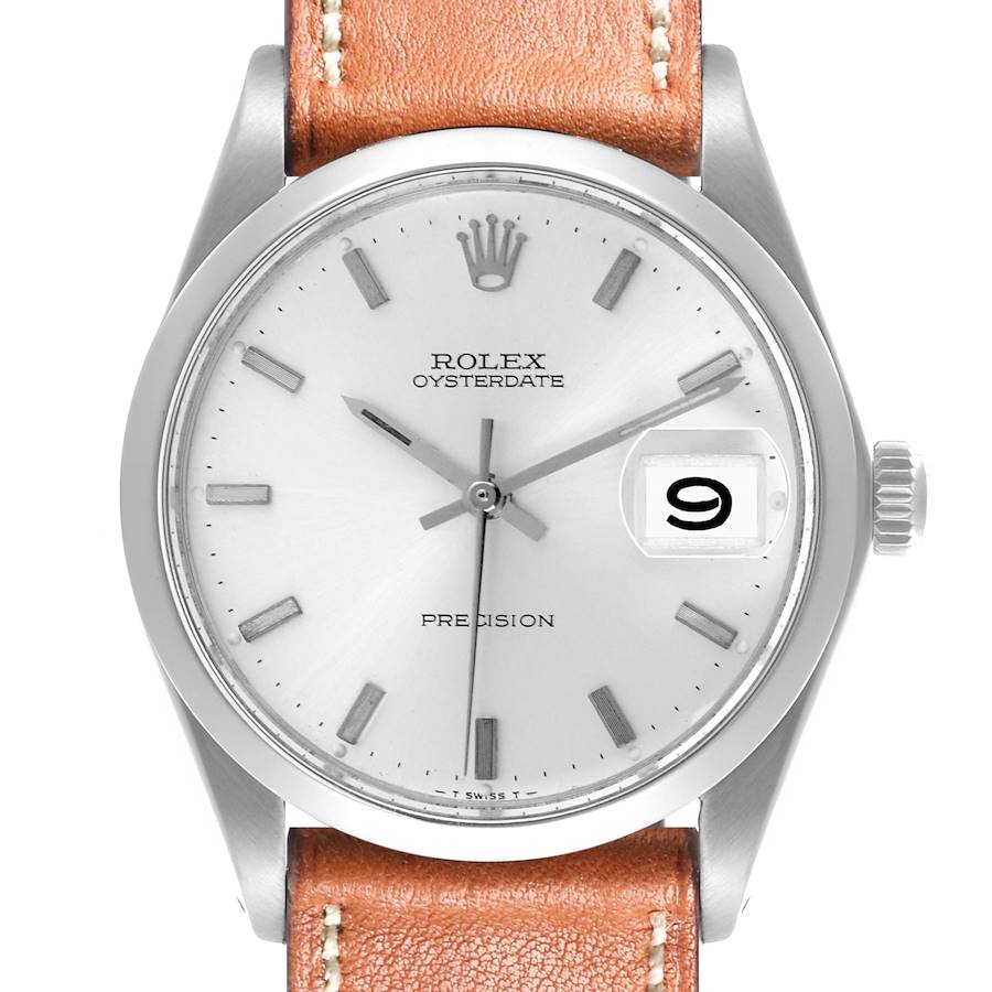 The Rolex Vintage Collection watch is shown from a front angle, displaying the face, bezel, crown, and leather strap.