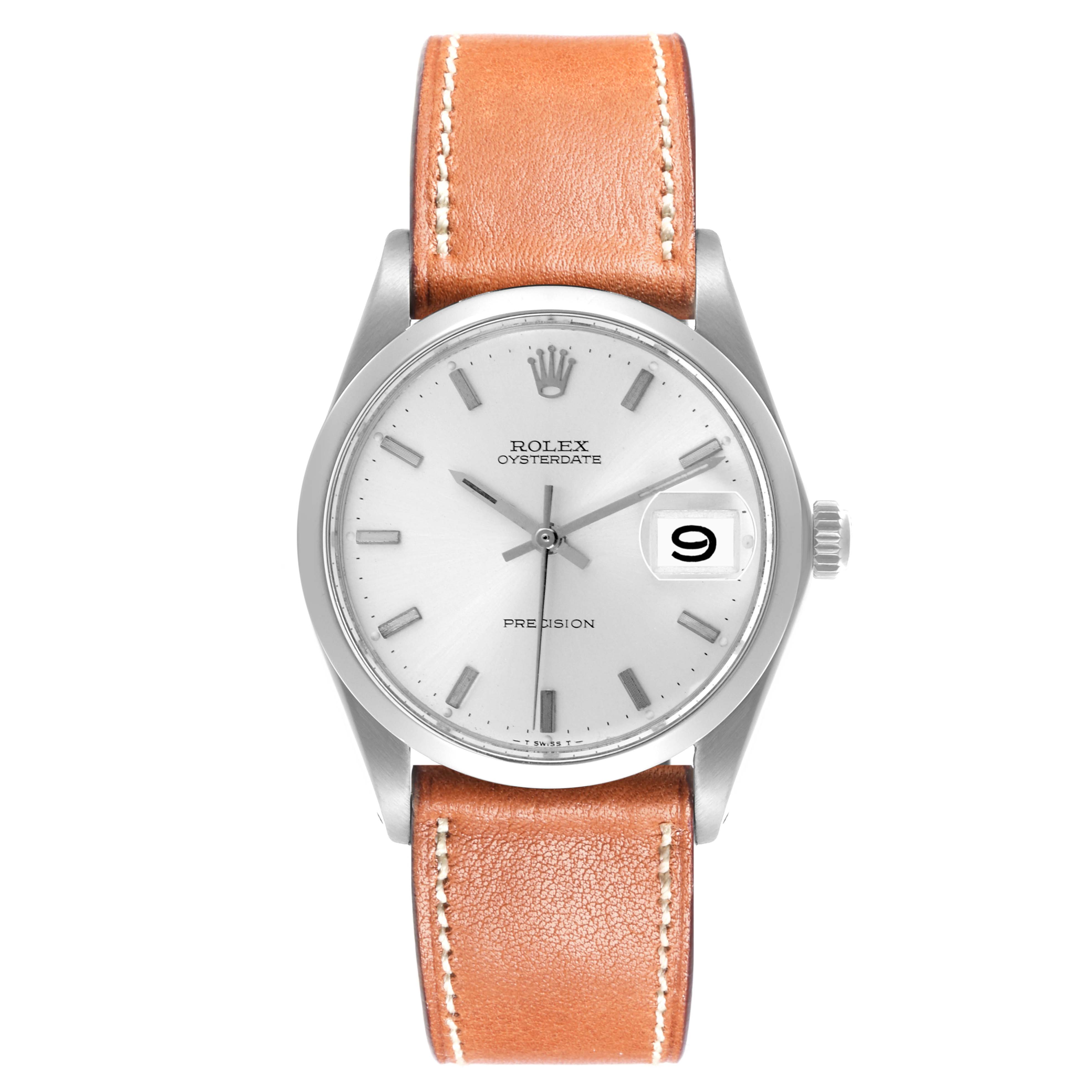 The Rolex Vintage Collection 6694 Men's Stainless Steel Silver Dial 6694 Men's Stainless Steel Silver Dial watch is shown from the front, displaying the dial, hands, crown, and leather strap.