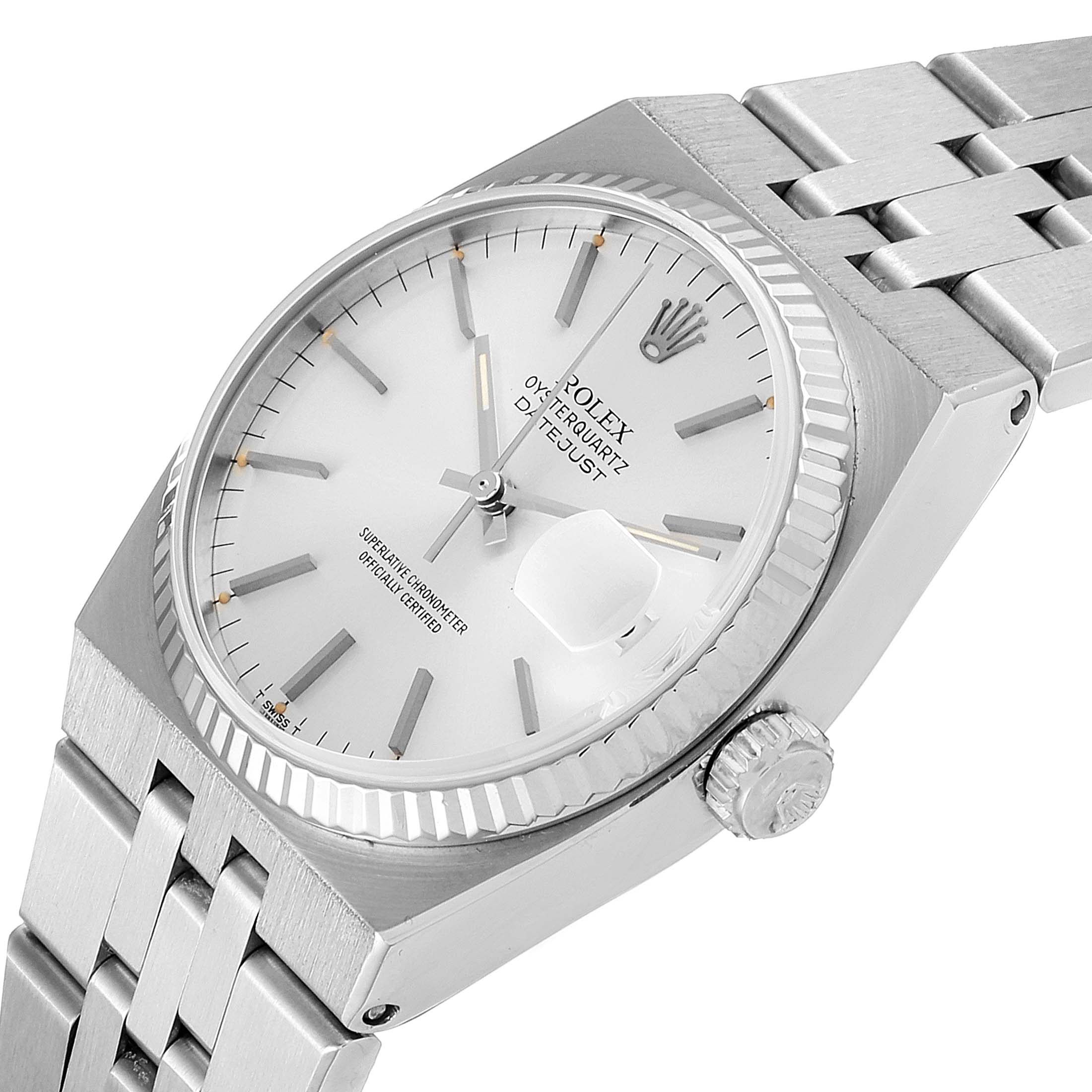 The Rolex Oysterquartz 19601 Men's Stainless Steel Silver Dial 19601 Men's Stainless Steel Silver Dial watch is shown at an angled close-up, highlighting the dial, crown, and part of the bracelet.