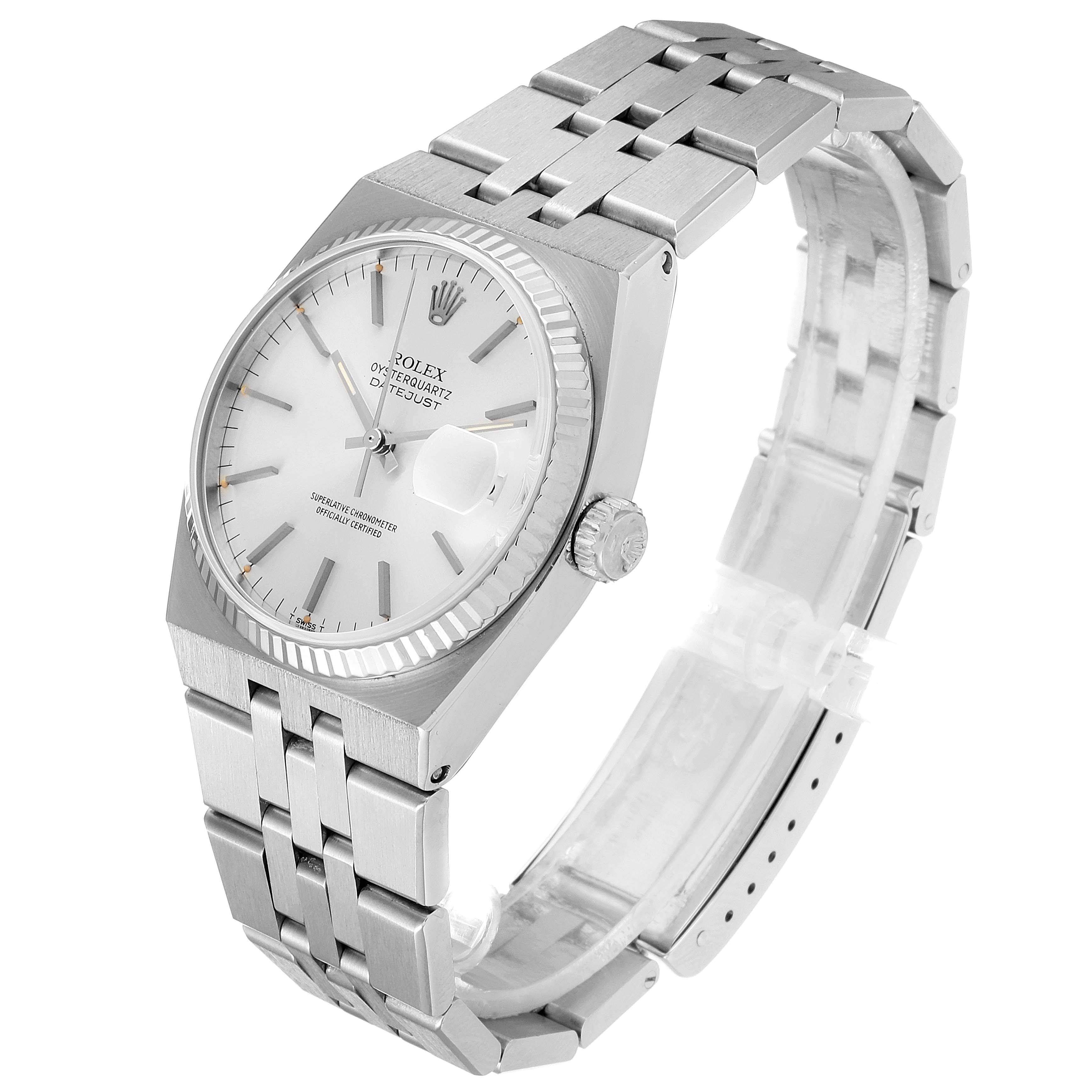 This is a Rolex Oysterquartz 19601 Men's Stainless Steel Silver Dial 19601 Men's Stainless Steel Silver Dial watch, shown from a three-quarter angle, highlighting the face, crown, and bracelet.