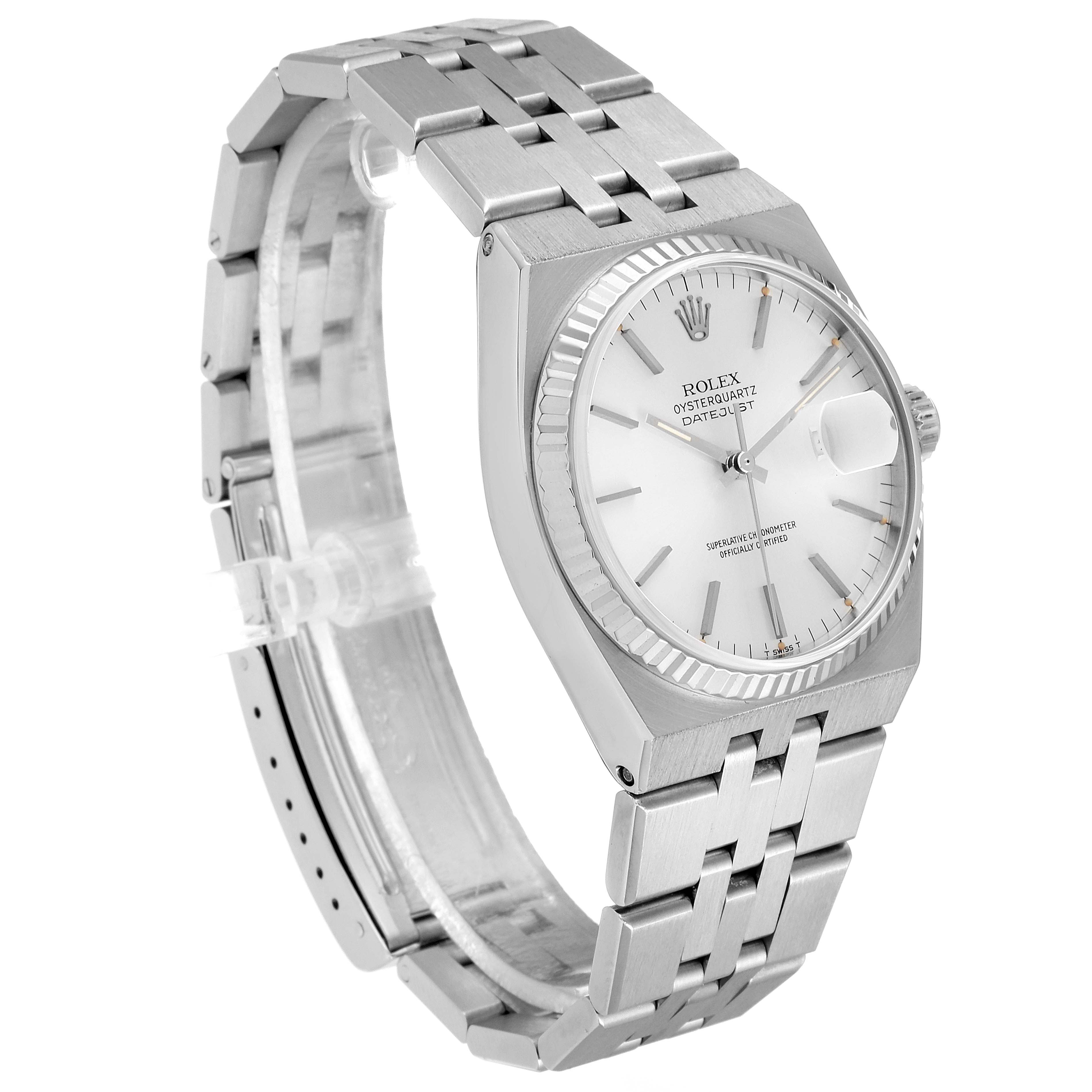 This Rolex Oysterquartz 19601 Men's Stainless Steel Silver Dial 19601 Men's Stainless Steel Silver Dial Datejust watch is shown at a three-quarter angle, displaying the face, case, and bracelet.