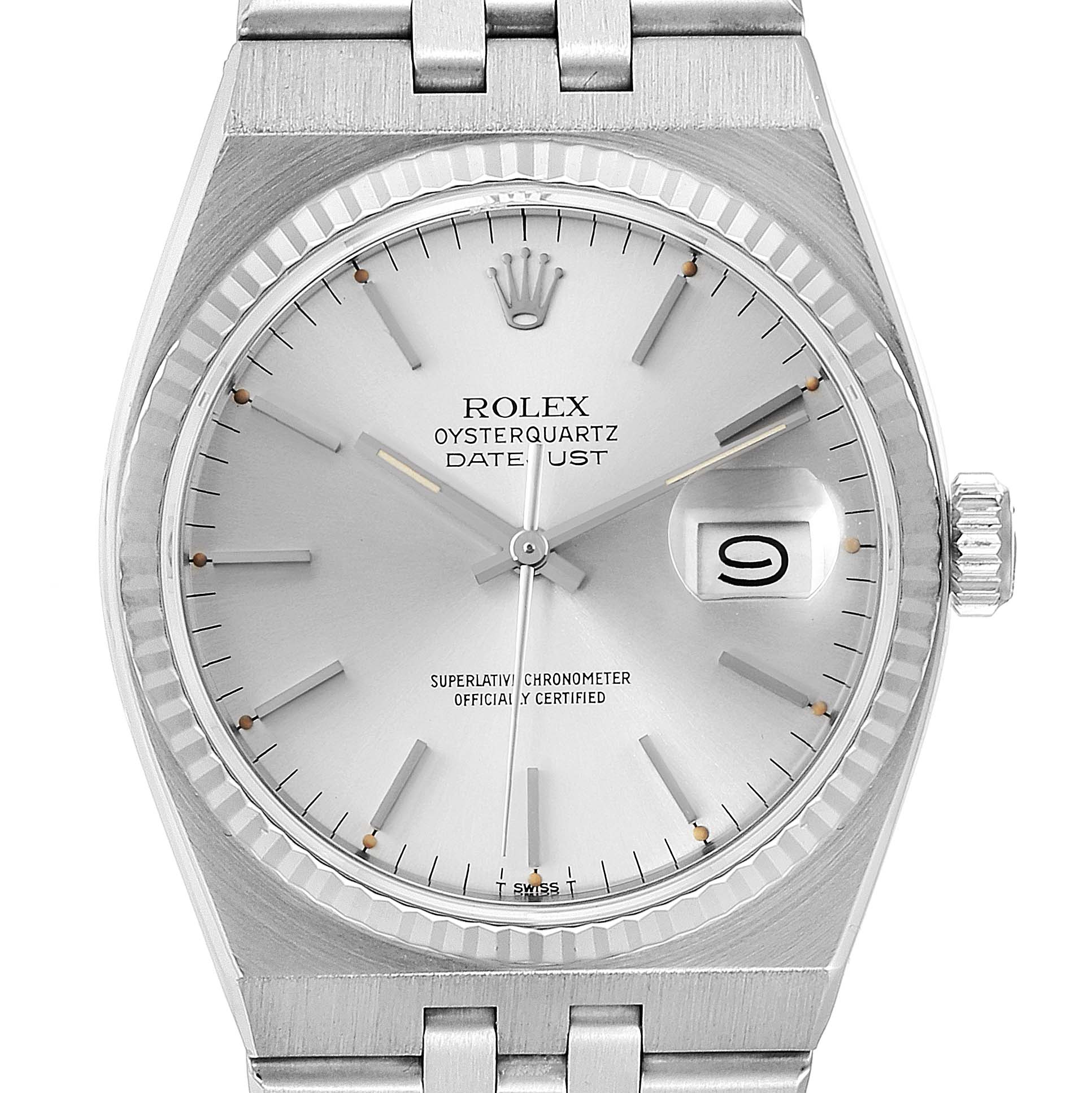 The image shows a front view of a Rolex Oysterquartz 19601 Men's Stainless Steel Silver Dial 19601 Men's Stainless Steel Silver Dial Datejust watch, highlighting the dial, hands, date window, and crown.