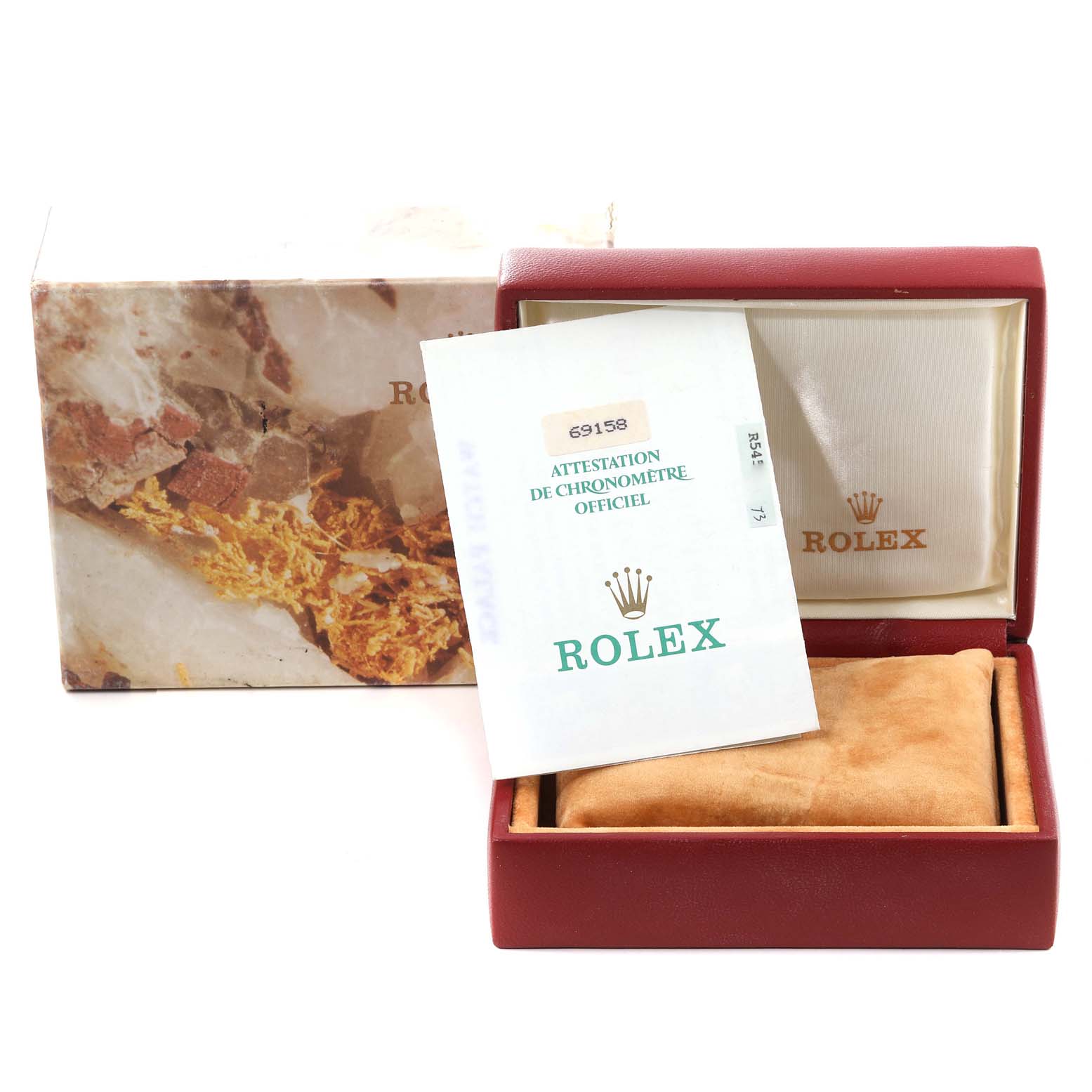 The image shows the packaging, certificate, and empty case for the Rolex President 69158 Women's Yellow Gold Champagne Dial 69158 Women's Yellow Gold Champagne Dial model watch.