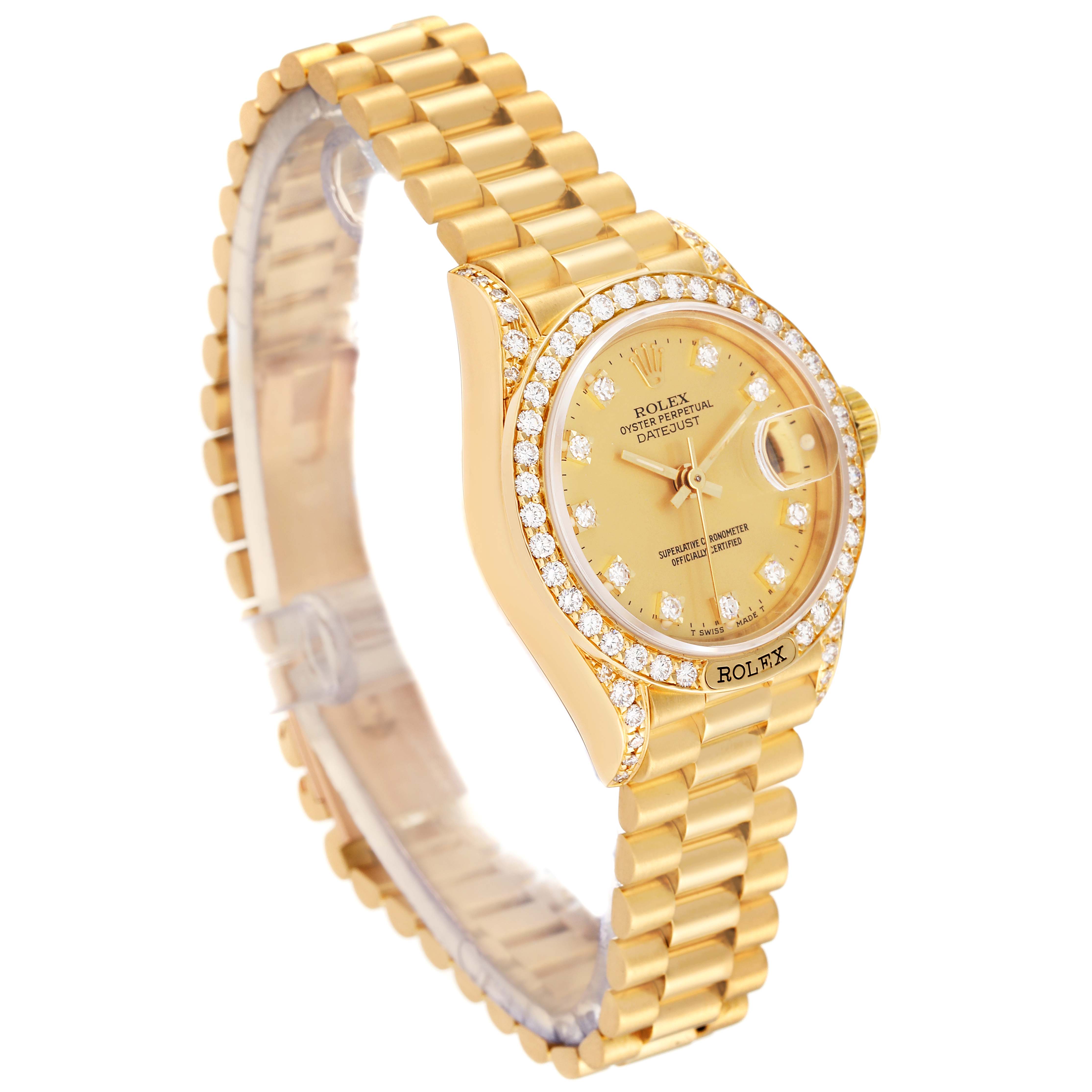 The image shows a side angle of a Rolex President 69158 Women's Yellow Gold Champagne Dial 69158 Women's Yellow Gold Champagne Dial model watch, highlighting its gold band, diamond bezel, and face.