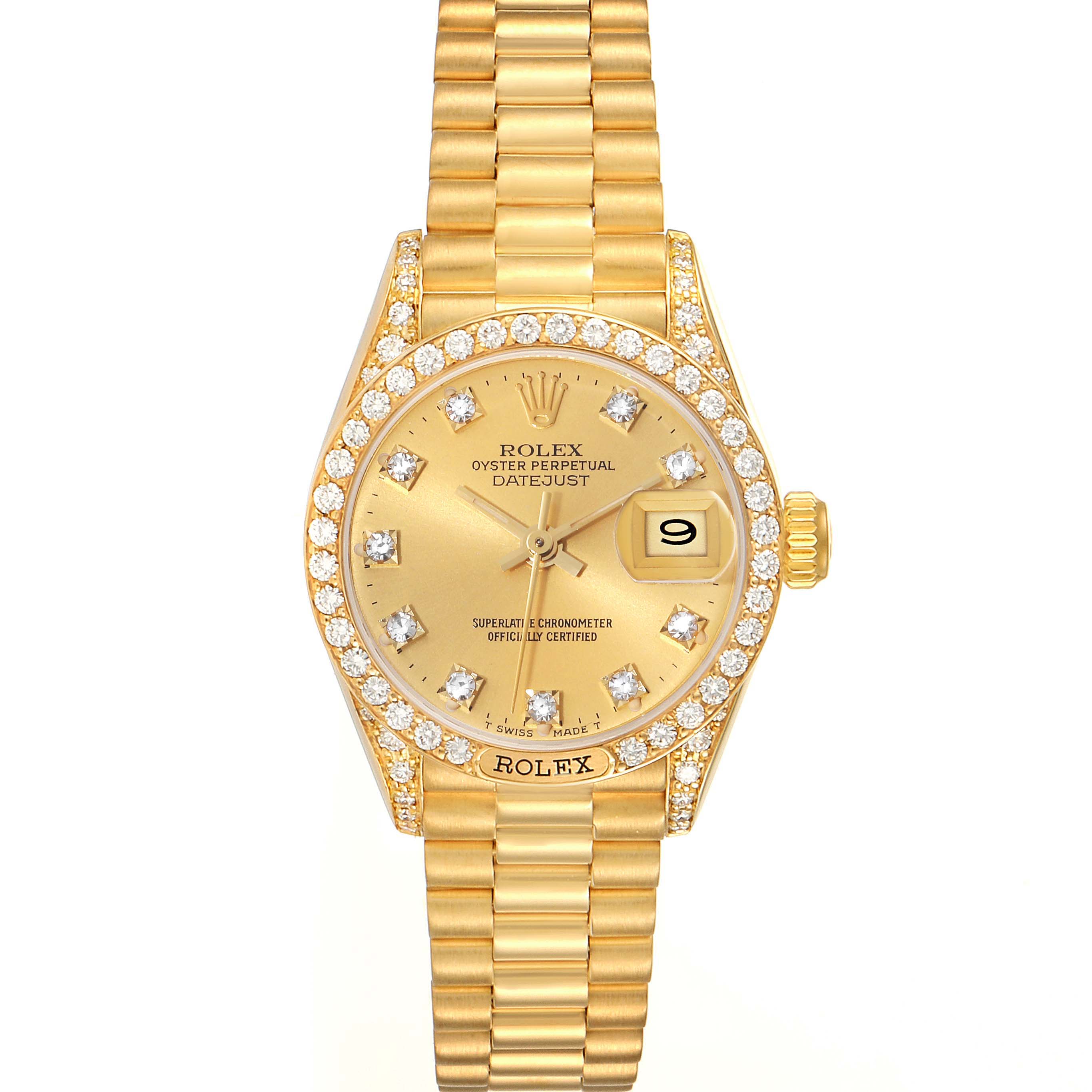 The Rolex President 69158 Women's Yellow Gold Champagne Dial 69158 Women's Yellow Gold Champagne Dial model watch is shown from a top-down angle, highlighting the dial, bezel, and bracelet.