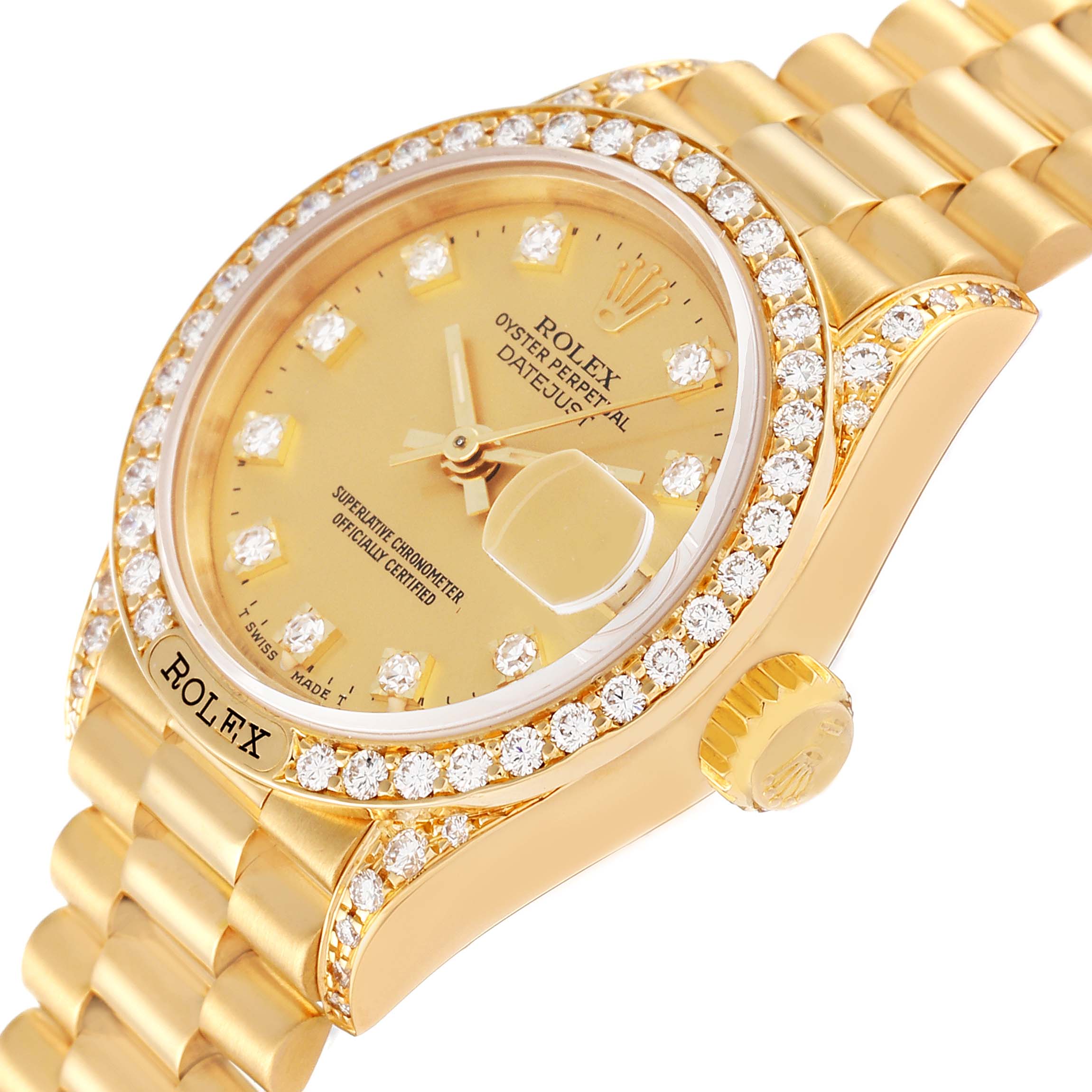 The image shows a close-up of the Rolex President 69158 Women's Yellow Gold Champagne Dial 69158 Women's Yellow Gold Champagne Dial model watch, highlighting its diamond-set bezel, crown, and part of the bracelet.