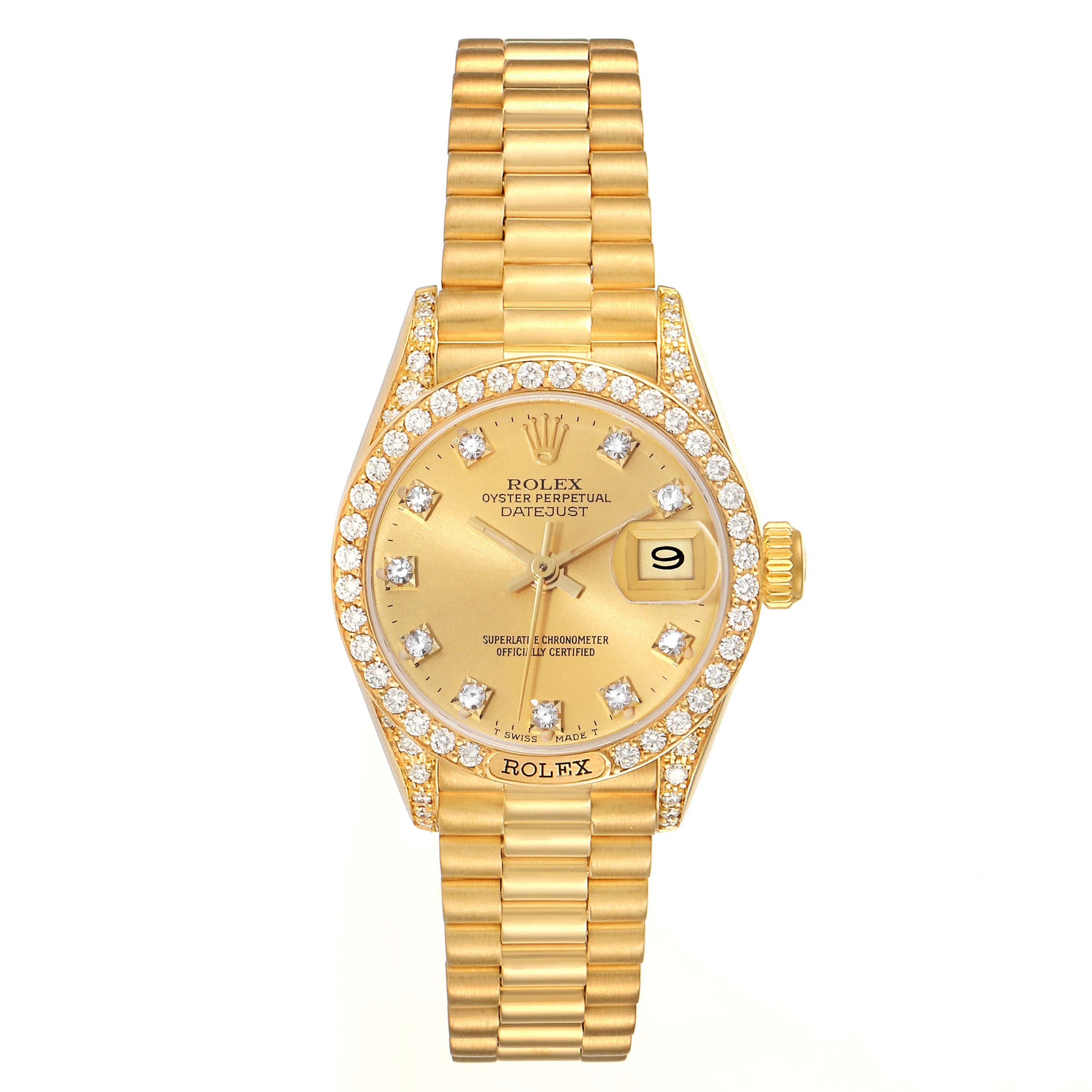 The image shows a front view of a Rolex President 69158 Women's Yellow Gold Champagne Dial 69158 Women's Yellow Gold Champagne Dial model watch, highlighting its gold bracelet, diamond bezel, and date display.