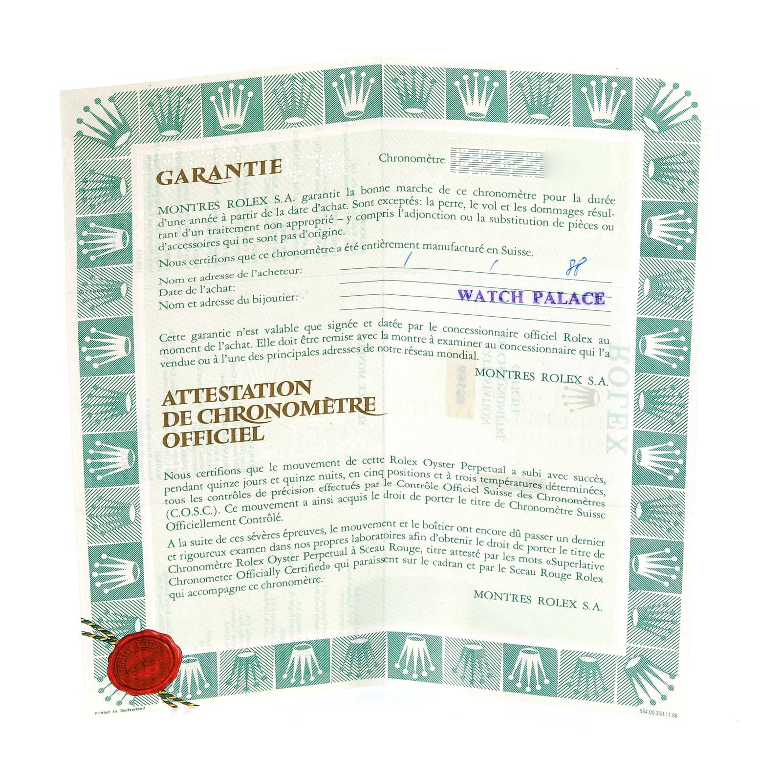 The image shows the paperwork, including the warranty and chronometer certification for a Rolex President 69158 Women's Yellow Gold Champagne Dial 69158 Women's Yellow Gold Champagne Dial model watch.