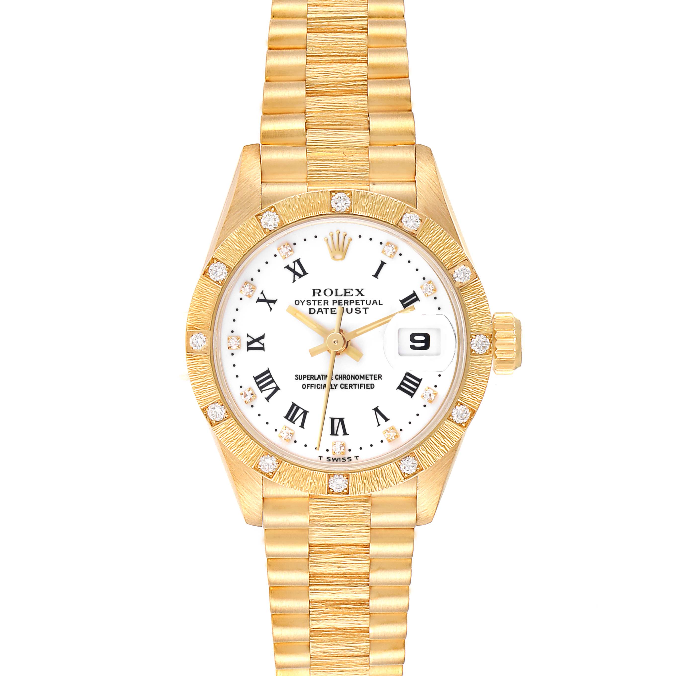 The Rolex President 69288 Women's Yellow Gold White Dial 69288 Women's Yellow Gold White Dial model watch is shown from the front, displaying the dial, bezel, crown, and bracelet.