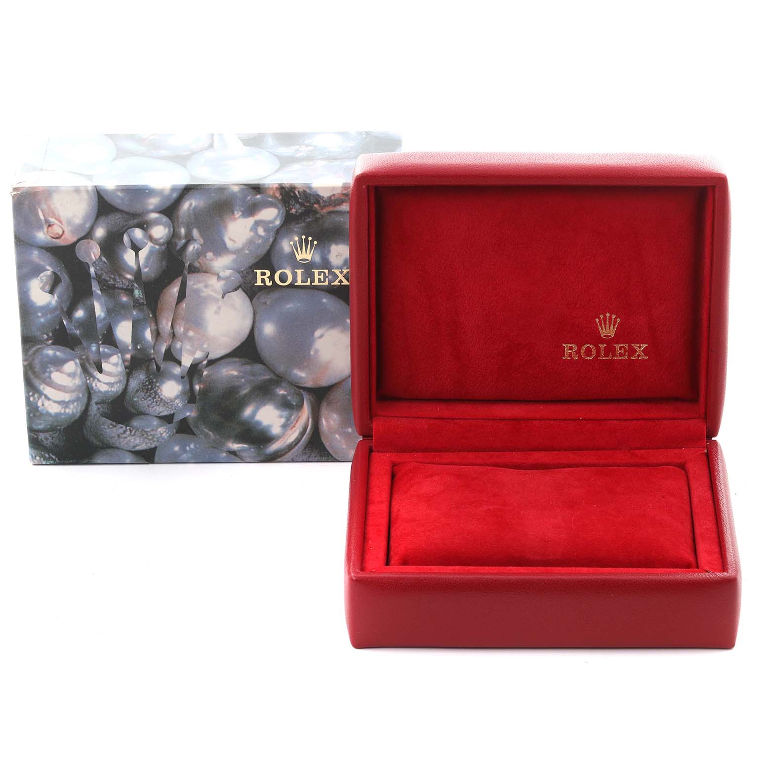 The image shows a red Rolex President 69288 Women's Yellow Gold White Dial 69288 Women's Yellow Gold White Dial model watch box and packaging from a front angle.