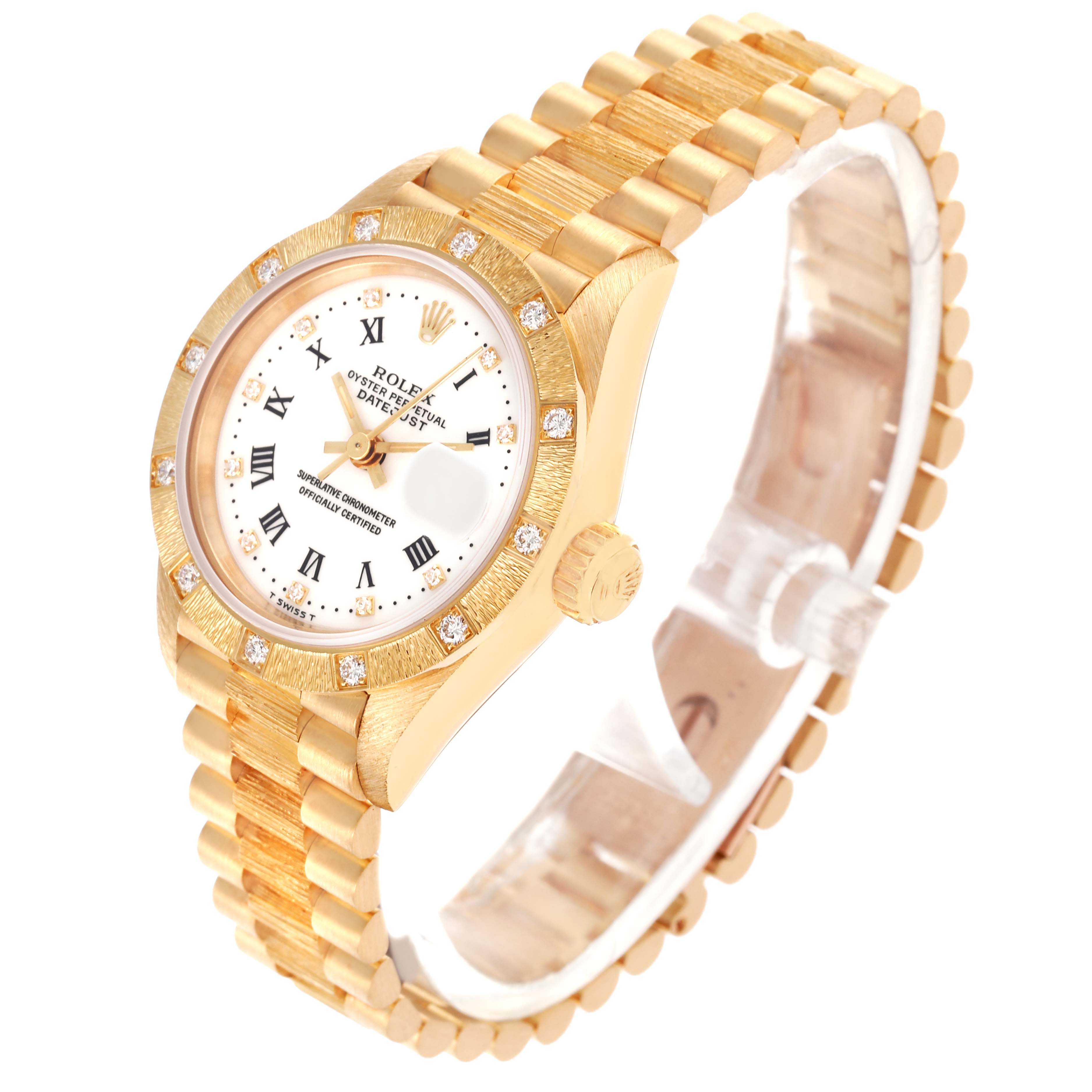 The Rolex President 69288 Women's Yellow Gold White Dial 69288 Women's Yellow Gold White Dial model is shown at an angled view, highlighting its gold bracelet, diamond bezel, and white dial.