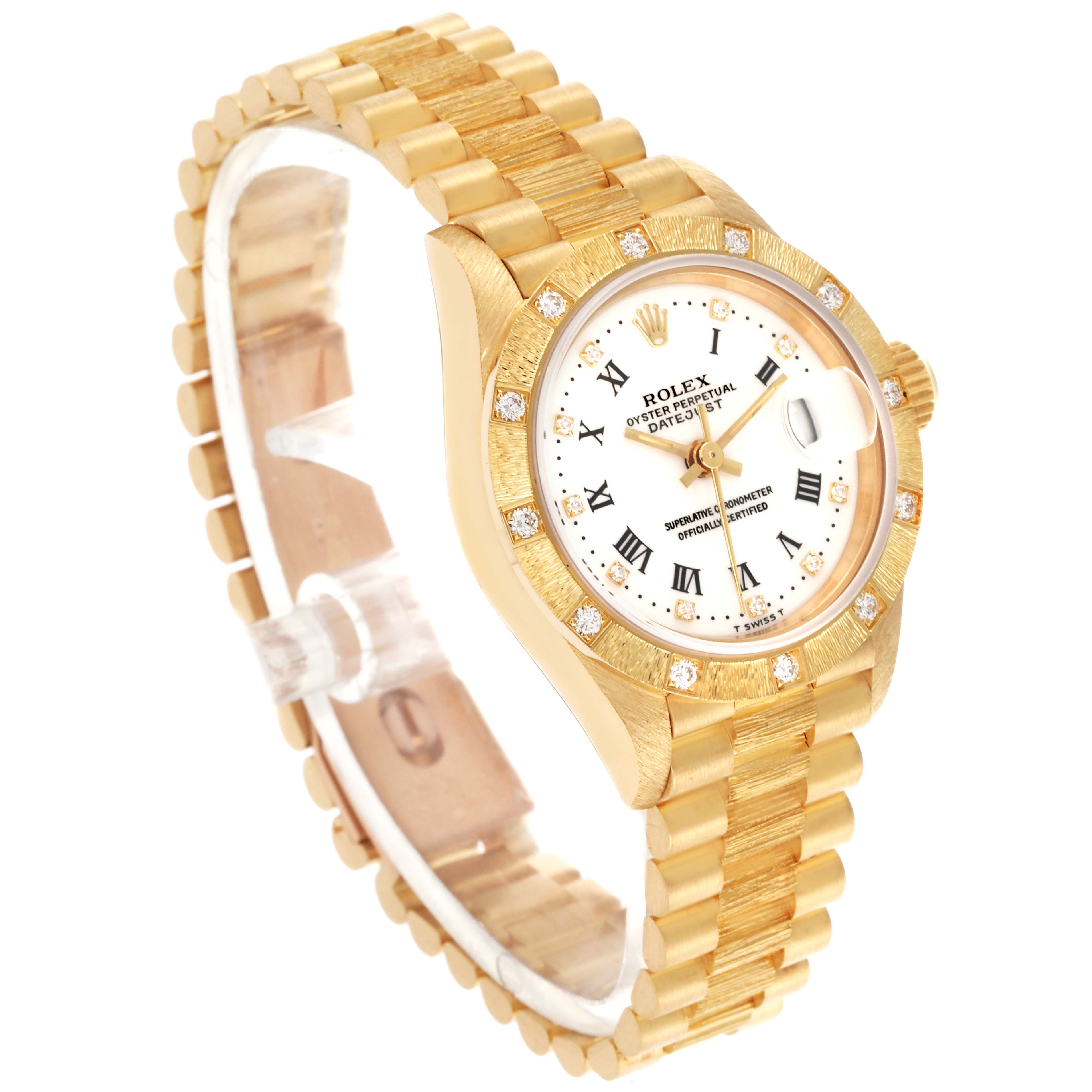 The Rolex President 69288 Women's Yellow Gold White Dial 69288 Women's Yellow Gold White Dial model is shown in a high-angle view, displaying its gold bracelet, bezel, and face with Roman numerals.