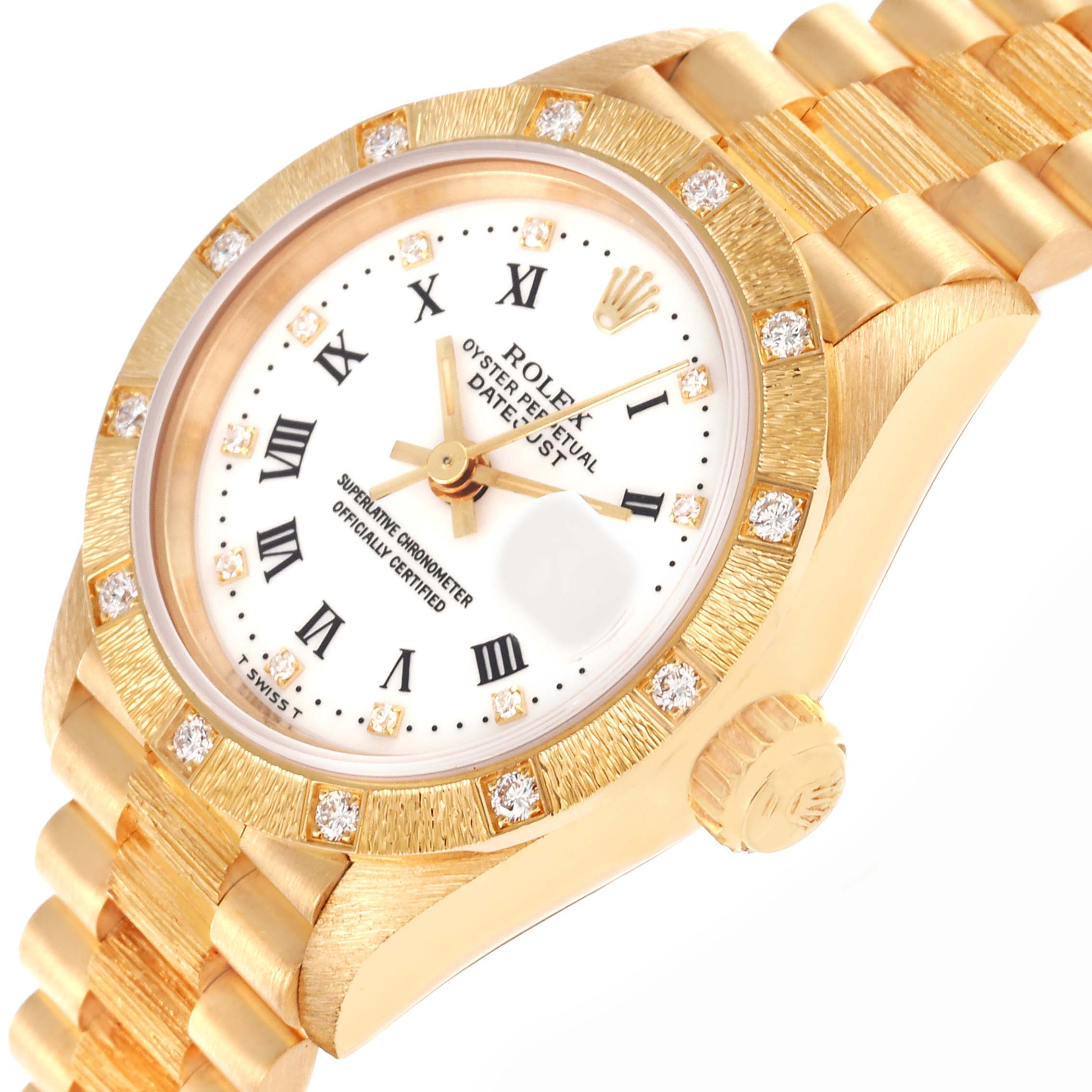 The Rolex President 69288 Women's Yellow Gold White Dial 69288 Women's Yellow Gold White Dial model is shown at an angle highlighting the face, crown, and part of the bracelet.