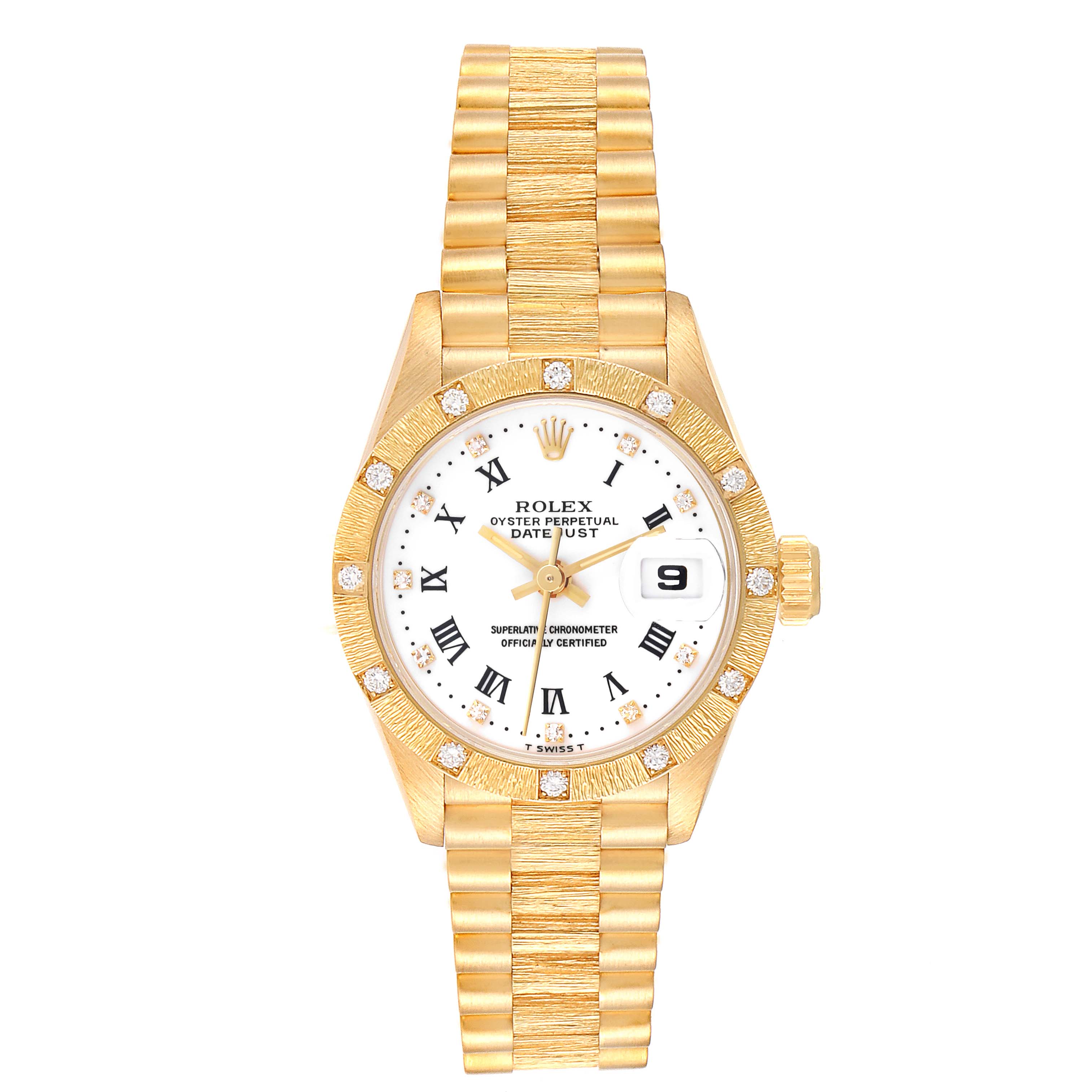 The Rolex President 69288 Women's Yellow Gold White Dial 69288 Women's Yellow Gold White Dial model watch is shown from a top-down angle, displaying its face, bezel, and bracelet.