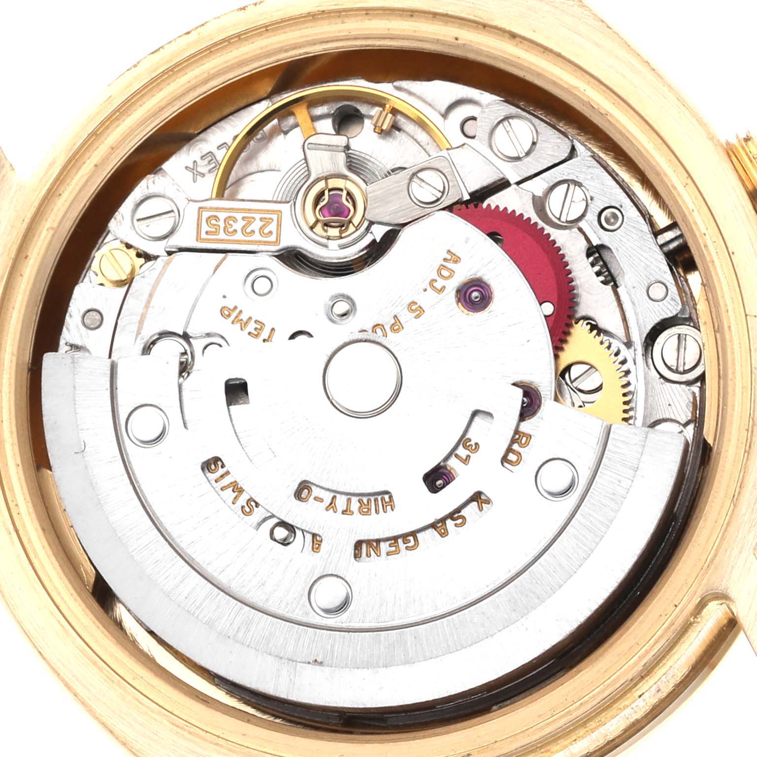 This image shows the internal mechanism of a Rolex President 179158NG Women's Yellow Gold Mother of Pearl Dial 179158NG Women's Yellow Gold Mother of Pearl Dial model watch from a top-down angle.