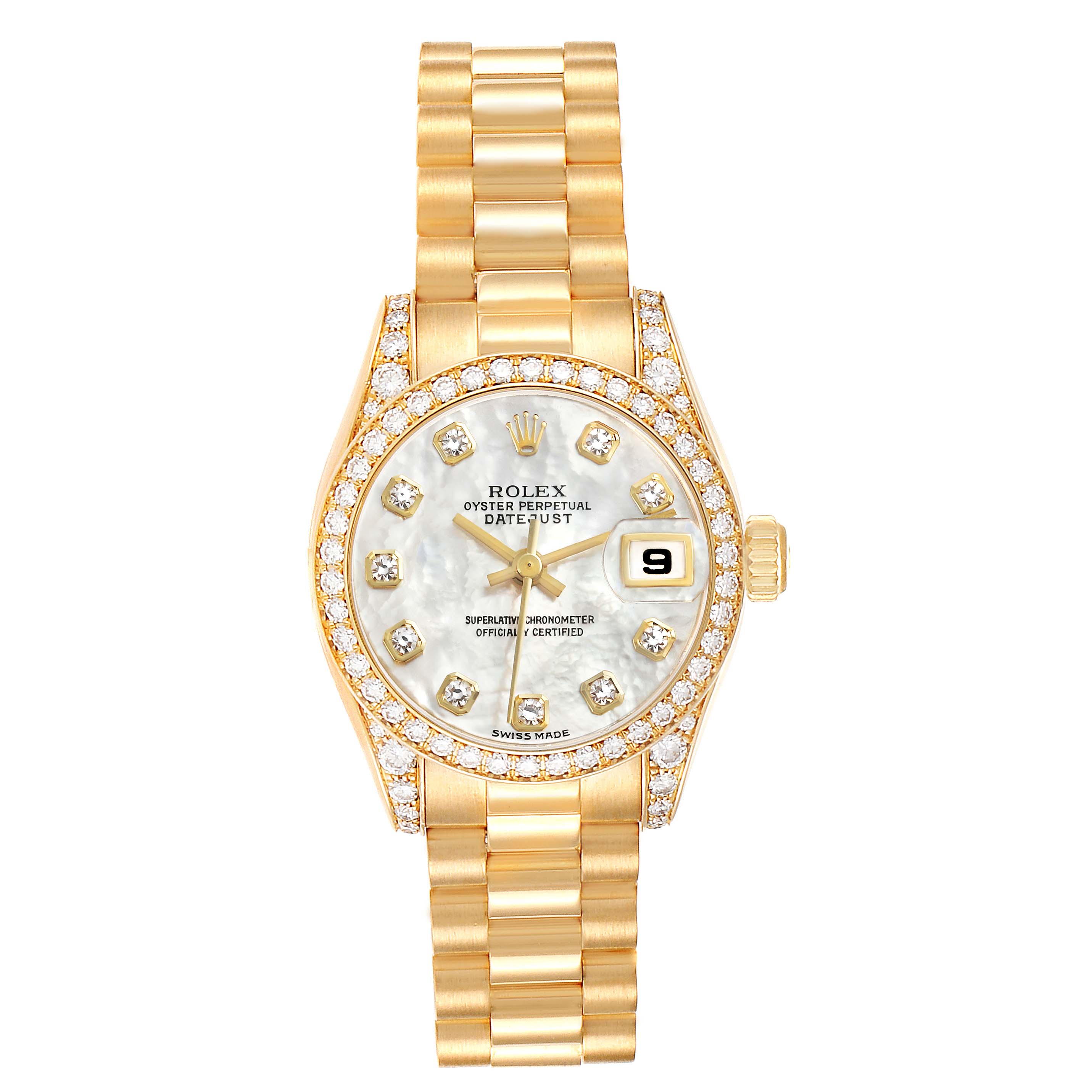 The Rolex President 179158NG Women's Yellow Gold Mother of Pearl Dial 179158NG Women's Yellow Gold Mother of Pearl Dial watch is shown from the top, highlighting its face, bezel, and bracelet.