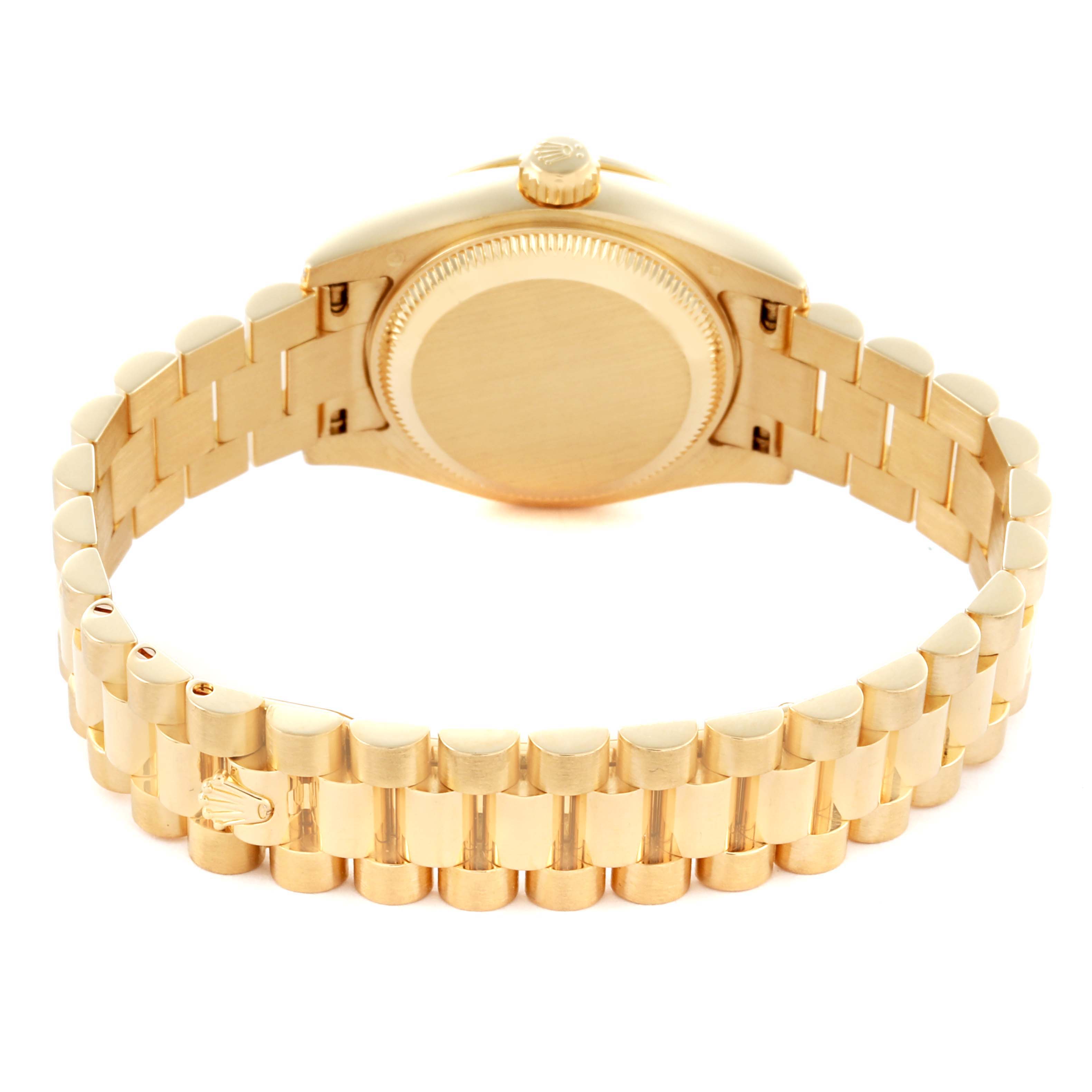 The image shows the back and bracelet of a Rolex President 179158NG Women's Yellow Gold Mother of Pearl Dial 179158NG Women's Yellow Gold Mother of Pearl Dial model watch viewed from behind.