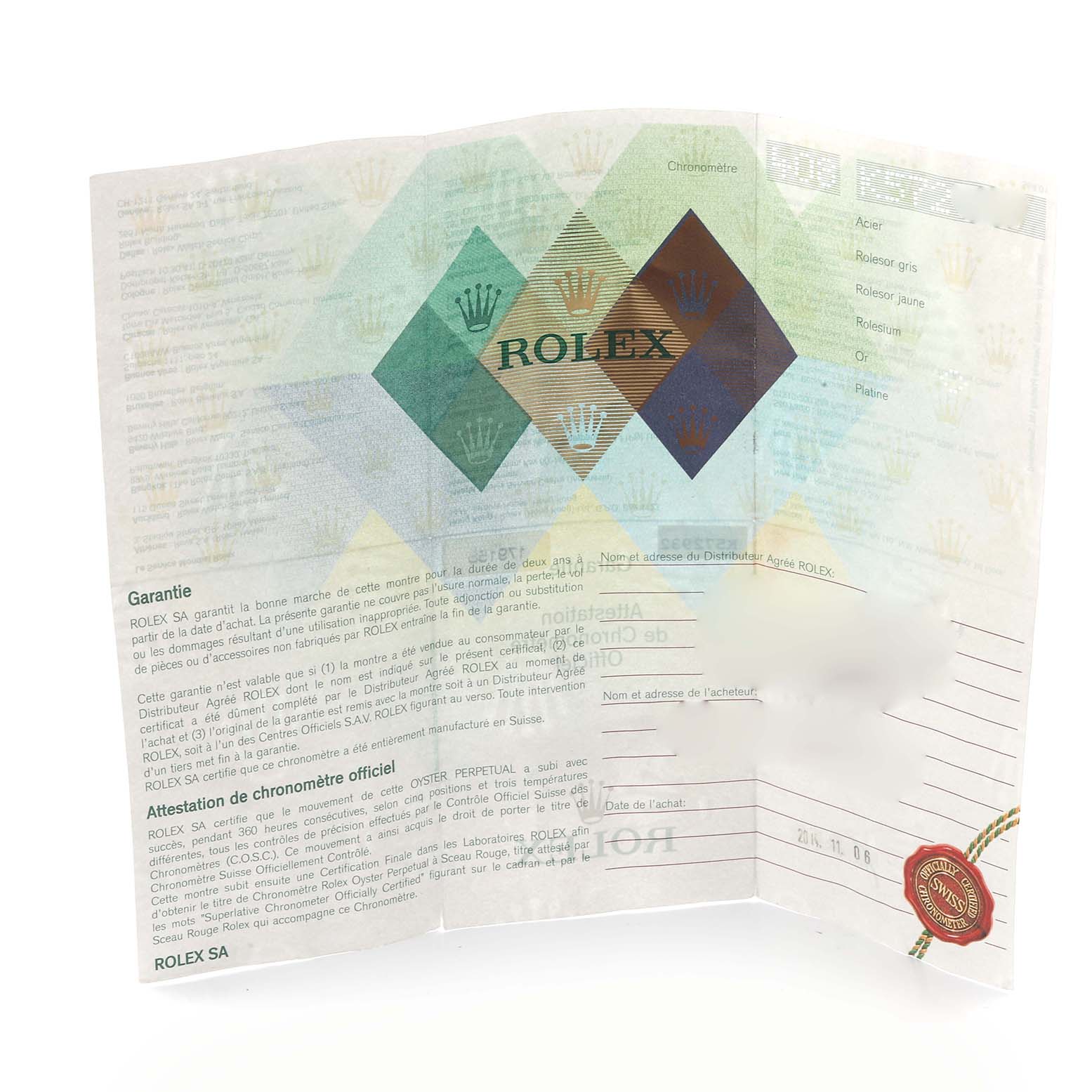 The image shows a guarantee certificate for a Rolex President 179158NG Women's Yellow Gold Mother of Pearl Dial 179158NG Women's Yellow Gold Mother of Pearl Dial model watch.