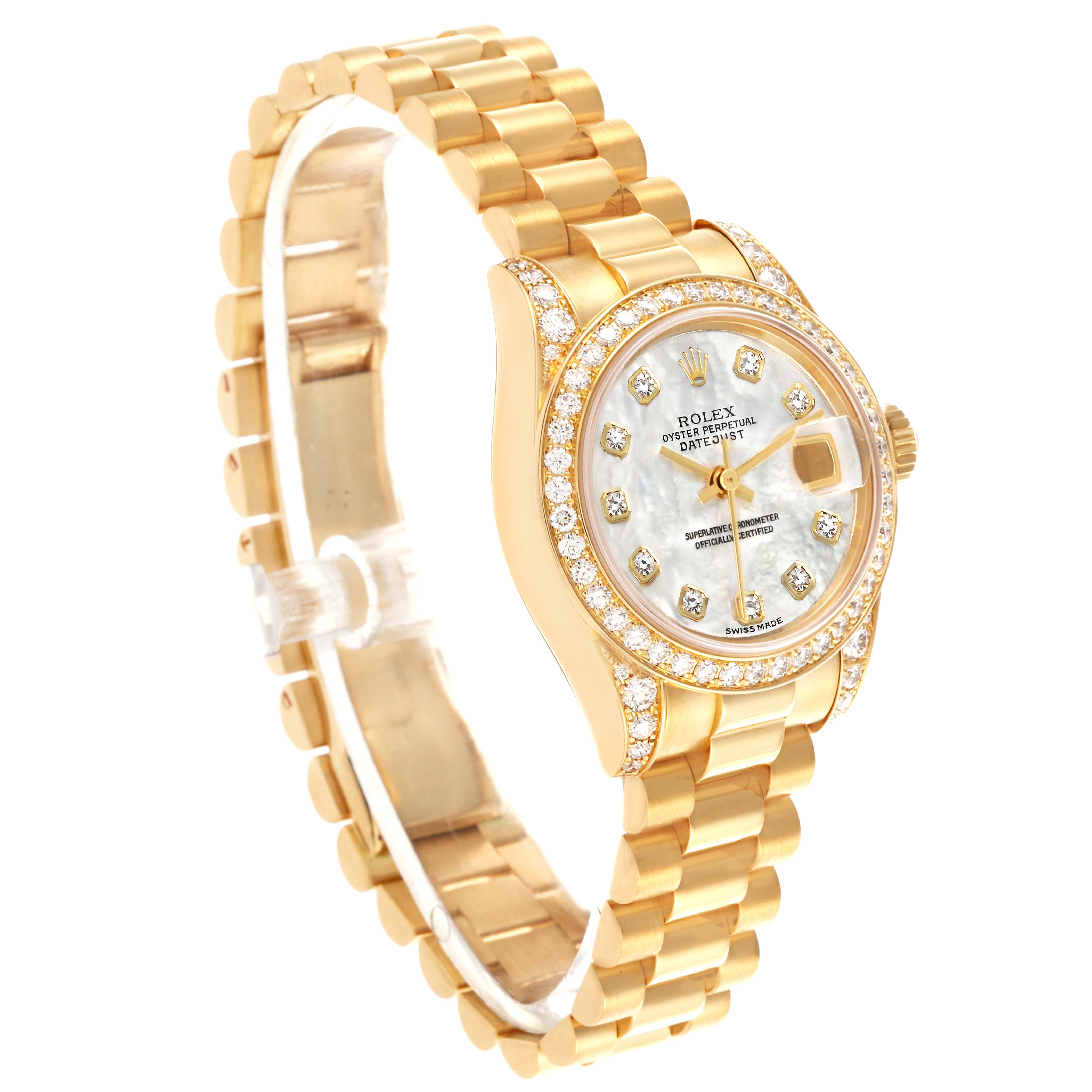 The Rolex President 179158NG Women's Yellow Gold Mother of Pearl Dial 179158NG Women's Yellow Gold Mother of Pearl Dial model is shown at a three-quarter angle, highlighting the diamond bezel and gold bracelet.