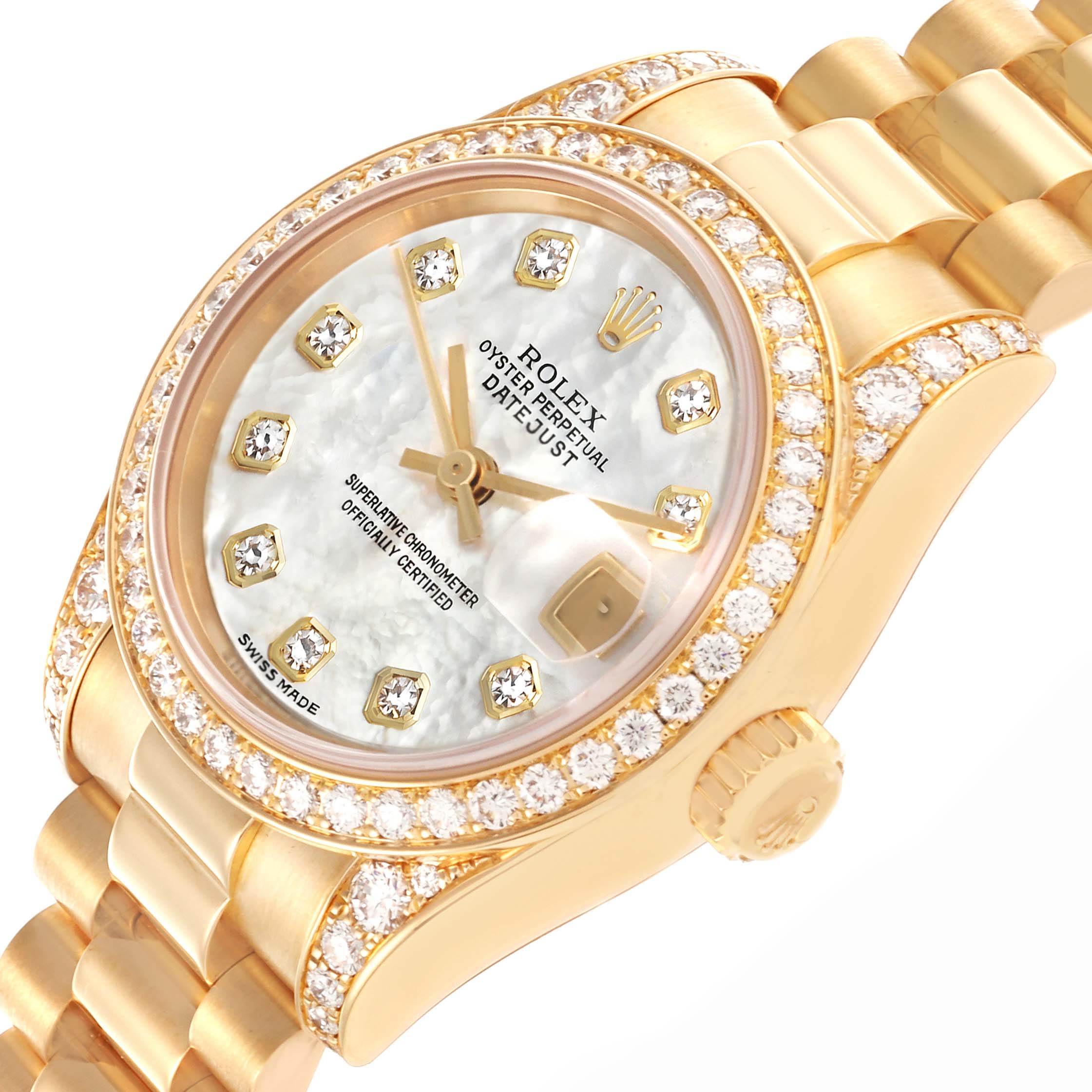 The Rolex President 179158NG Women's Yellow Gold Mother of Pearl Dial 179158NG Women's Yellow Gold Mother of Pearl Dial watch is shown at an angled top view, highlighting the dial, bezel, crown, and part of the bracelet.