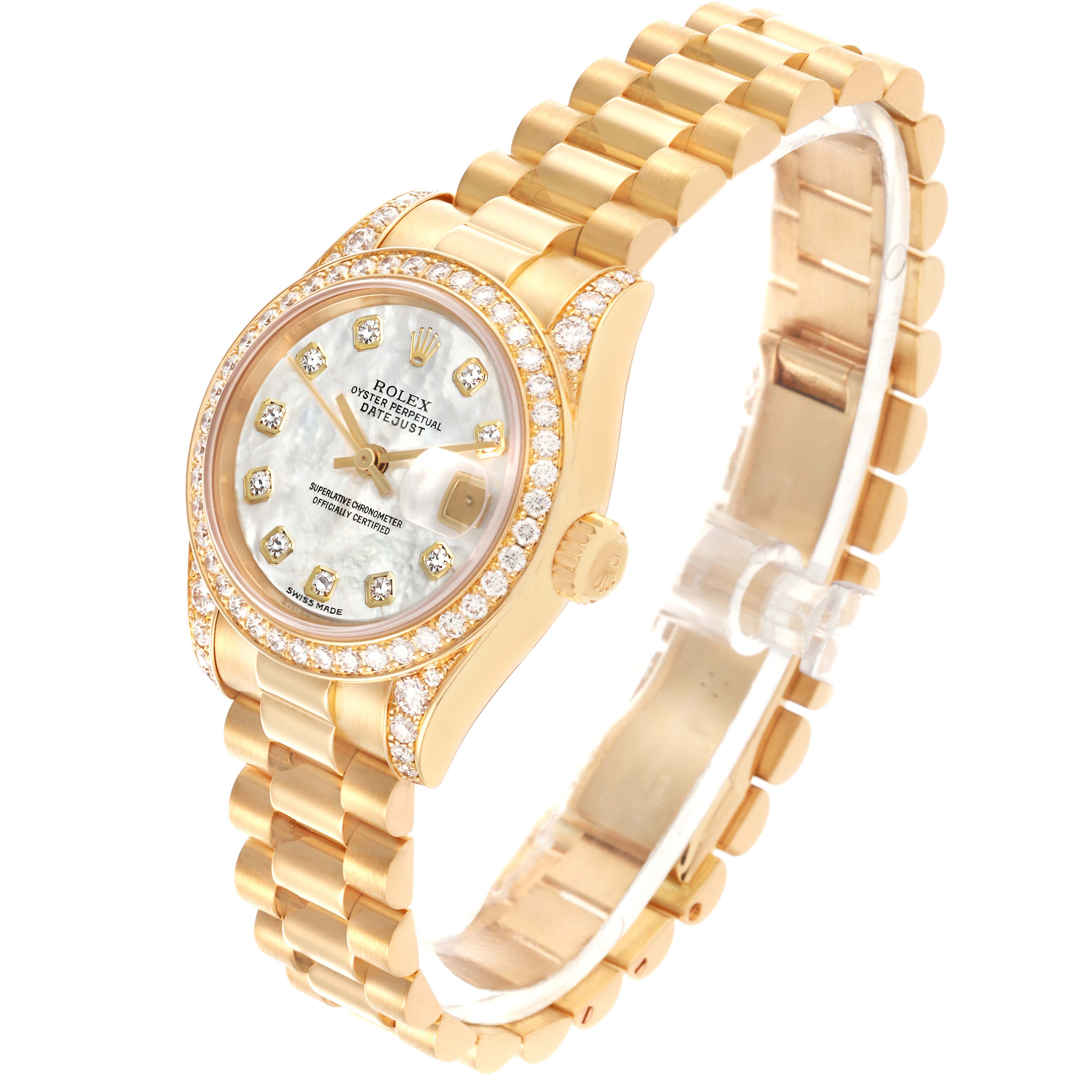 The Rolex President 179158NG Women's Yellow Gold Mother of Pearl Dial 179158NG Women's Yellow Gold Mother of Pearl Dial model is shown at a slight angle, displaying its face, diamond bezel, and gold bracelet.