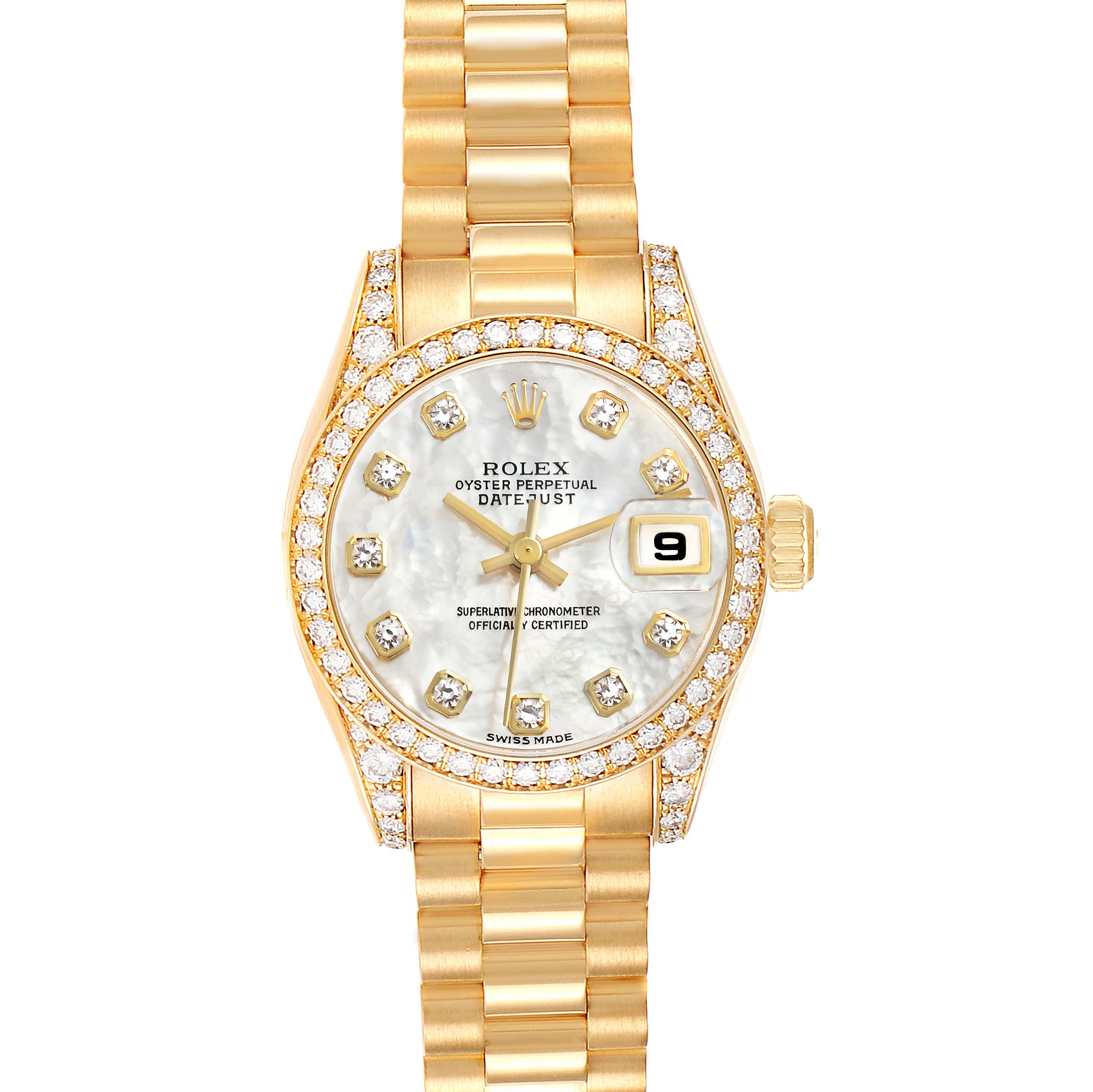 The Rolex President 179158NG Women's Yellow Gold Mother of Pearl Dial 179158NG Women's Yellow Gold Mother of Pearl Dial watch is shown from a top-down angle, displaying the face, bezel, and bracelet in full view.