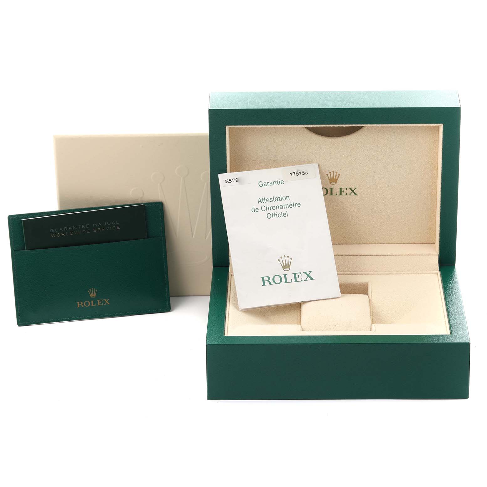 The image shows the box and documents of a Rolex President 179158NG Women's Yellow Gold Mother of Pearl Dial 179158NG Women's Yellow Gold Mother of Pearl Dial model, without the watch itself.