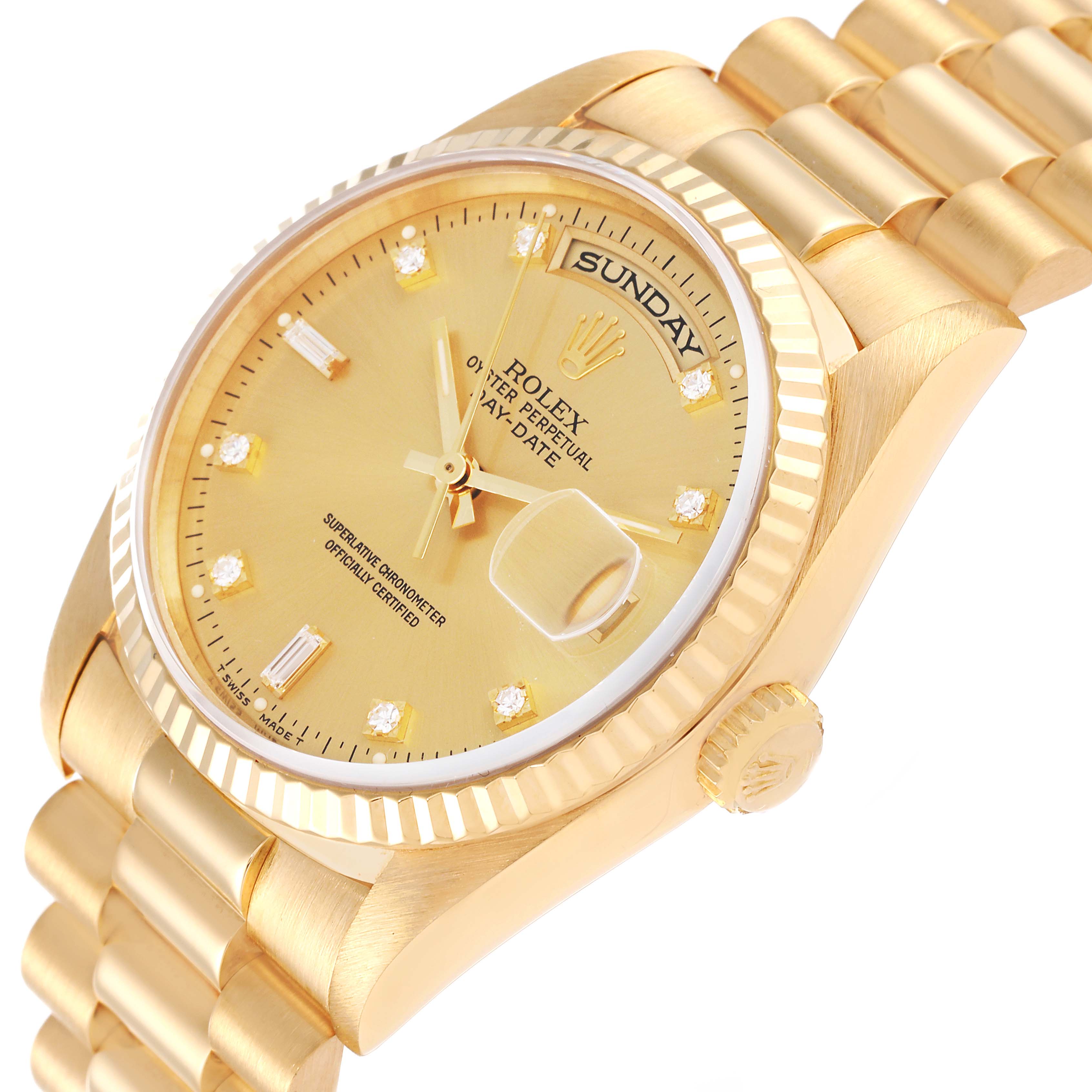 The image shows a Rolex President 18238 Men
s Yellow Gold Champagne Dial 18238 Men
s Yellow Gold Champagne Dial watch at a three-quarter angle, highlighting the gold case, dial, and bracelet.