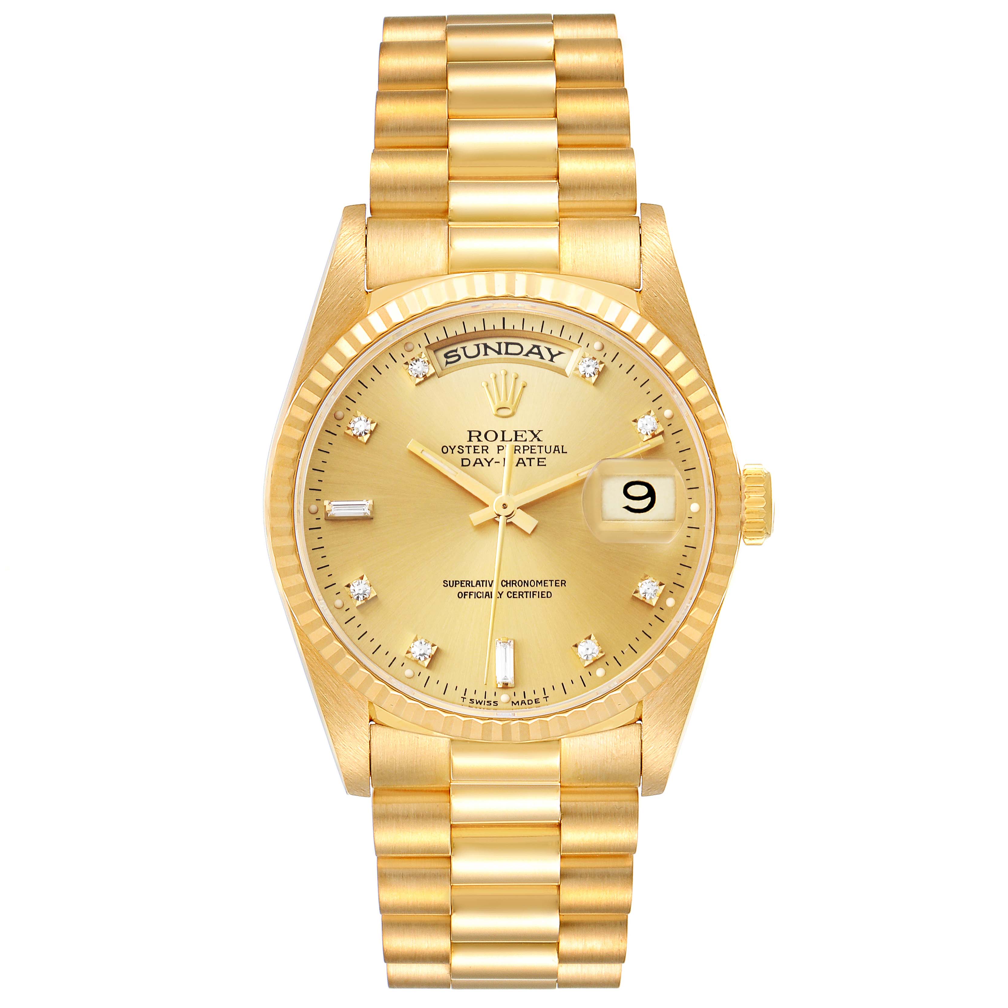The Rolex President 18238 Men
s Yellow Gold Champagne Dial 18238 Men
s Yellow Gold Champagne Dial model watch is shown from a front angle, displaying its face, day-date feature, and gold bracelet.