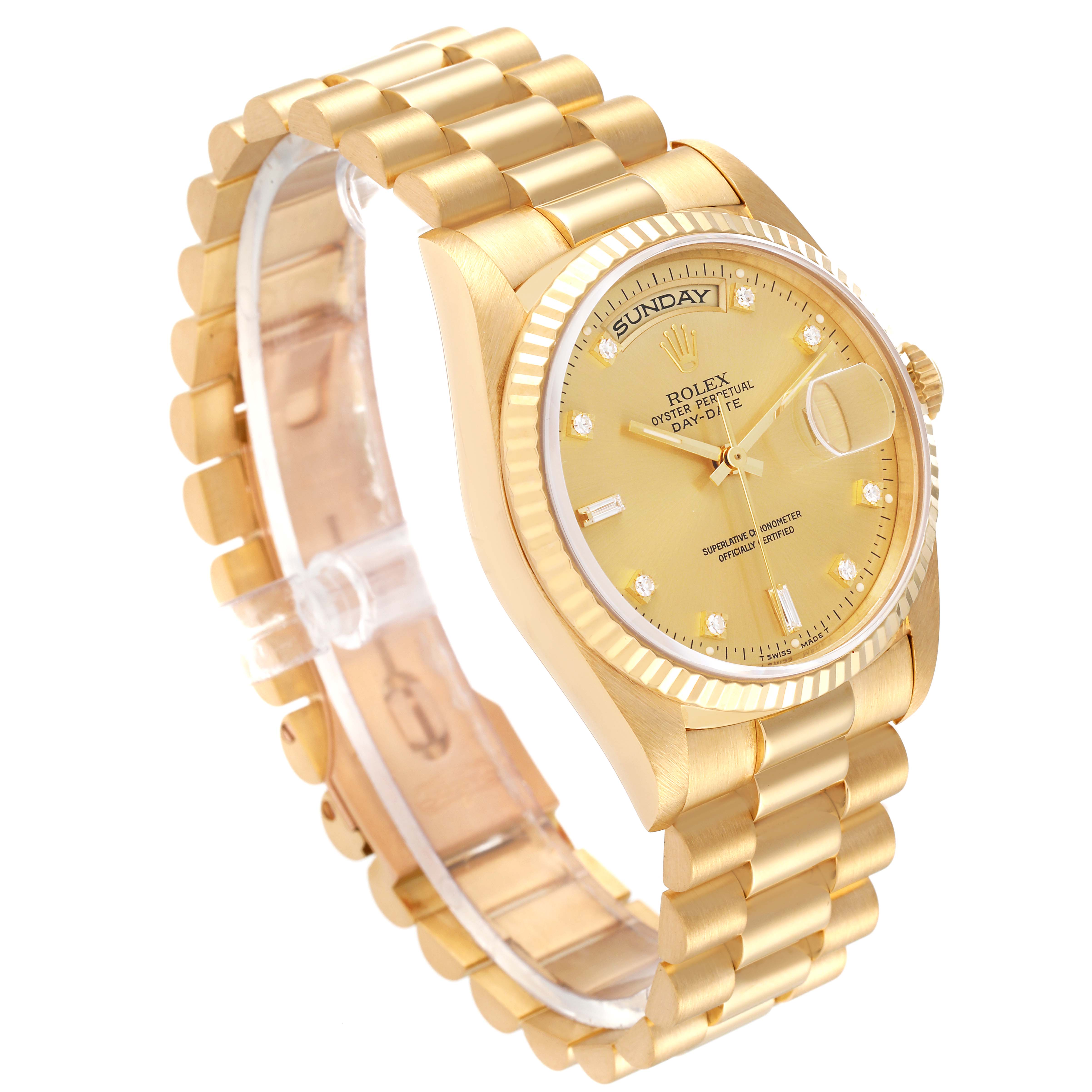 The image shows a Rolex President 18238 Men
s Yellow Gold Champagne Dial 18238 Men
s Yellow Gold Champagne Dial model watch from a side angle, displaying the dial, bezel, and bracelet.