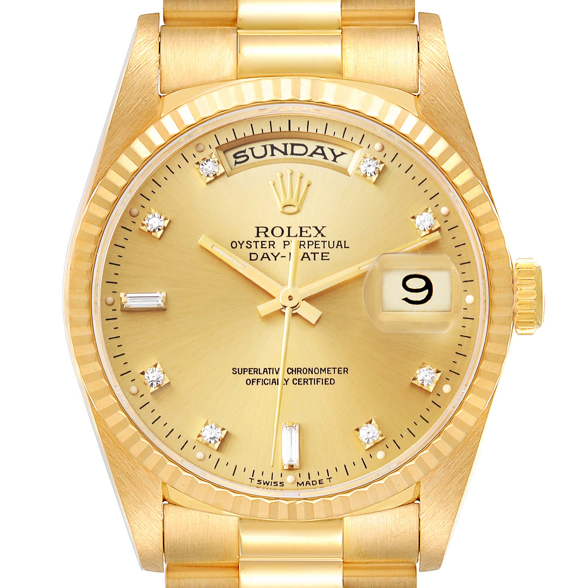 The image shows a frontal view of a Rolex President 18238 Men
s Yellow Gold Champagne Dial 18238 Men
s Yellow Gold Champagne Dial model, displaying the dial, hands, day, and date windows.