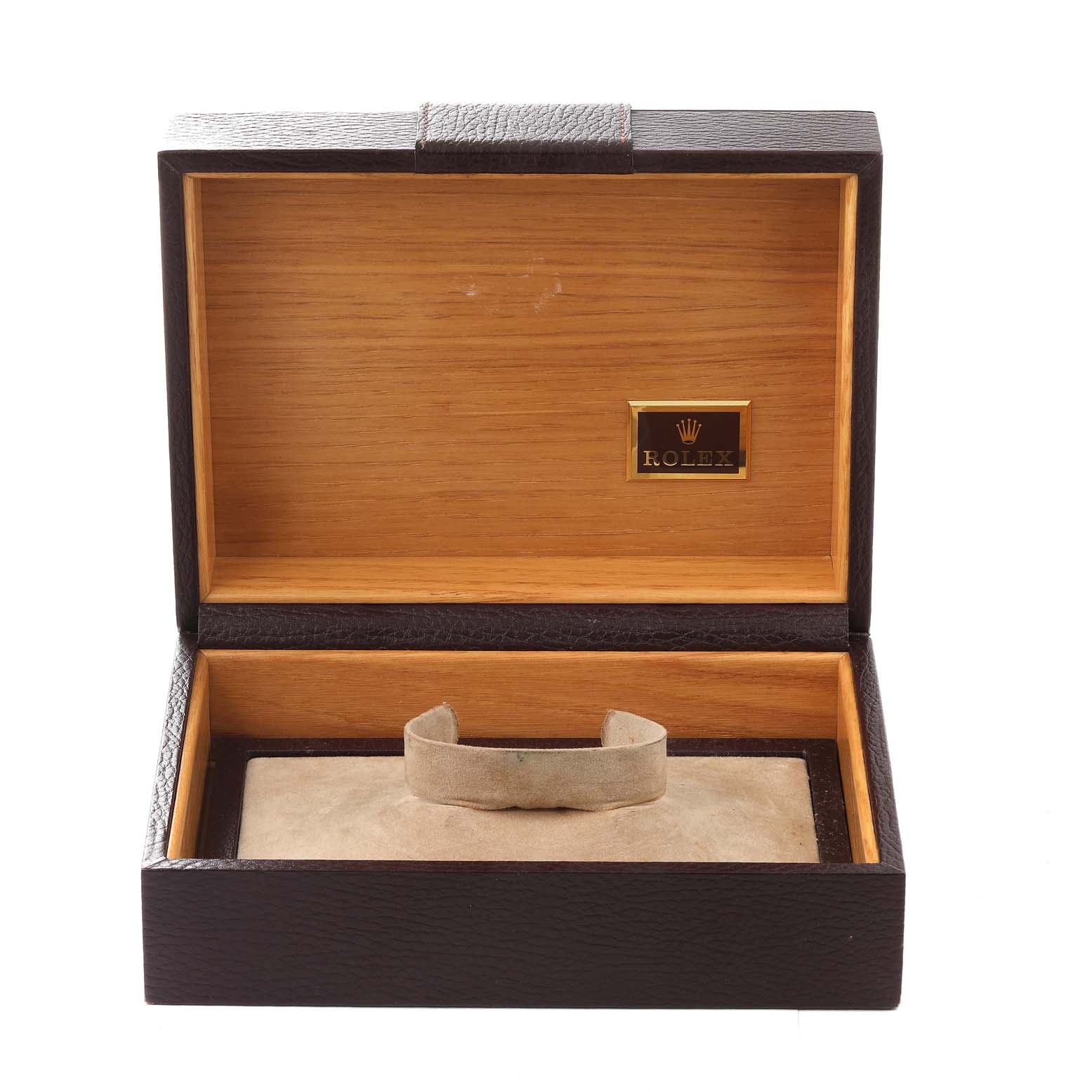 The image shows an open Rolex President 18238 Men
s Yellow Gold Champagne Dial 18238 Men
s Yellow Gold Champagne Dial model watch box, with a cushion for the watch, viewed from the front angle.