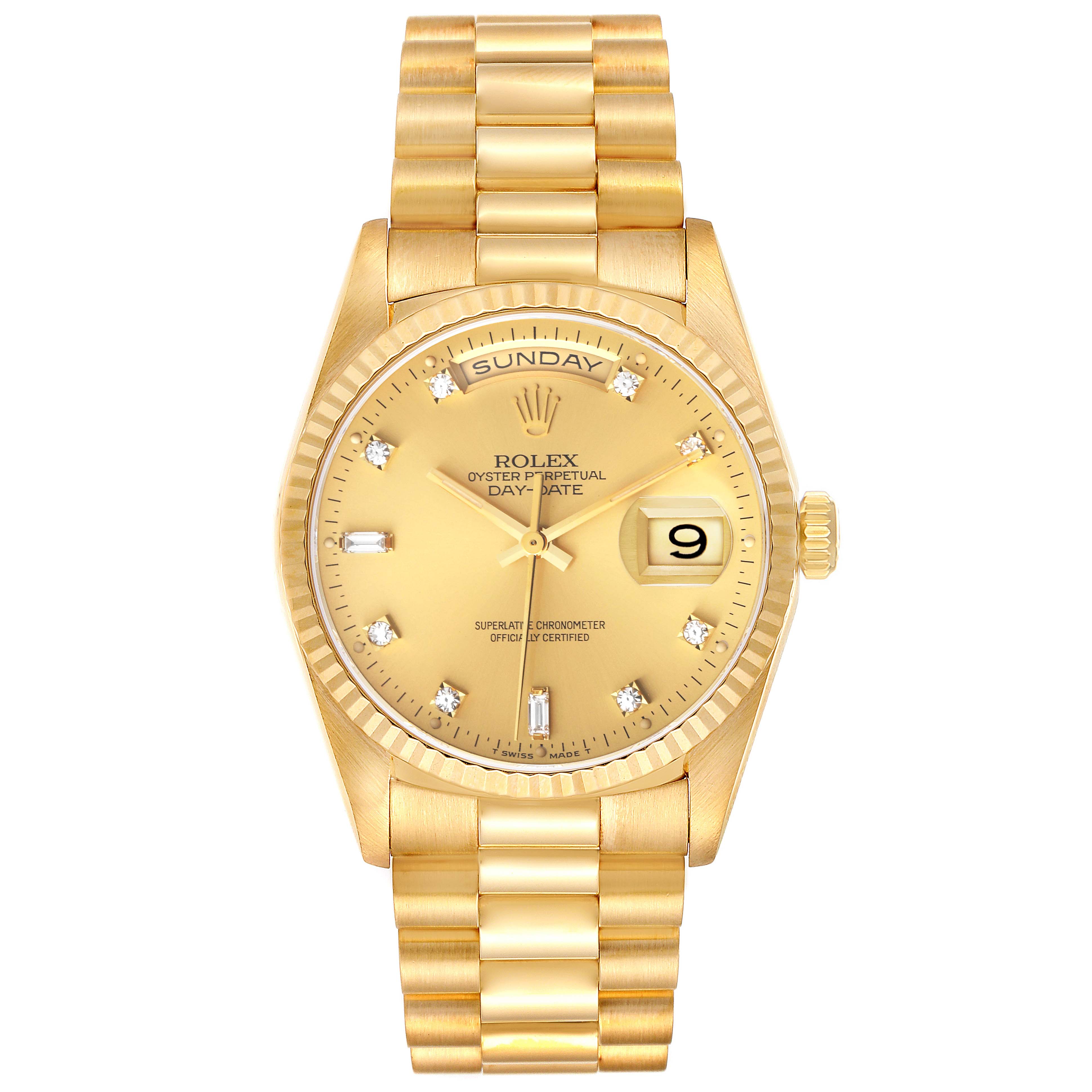 This image shows a frontal view of a Rolex President 18238 Men
s Yellow Gold Champagne Dial 18238 Men
s Yellow Gold Champagne Dial model watch, displaying the face, band, and crown.