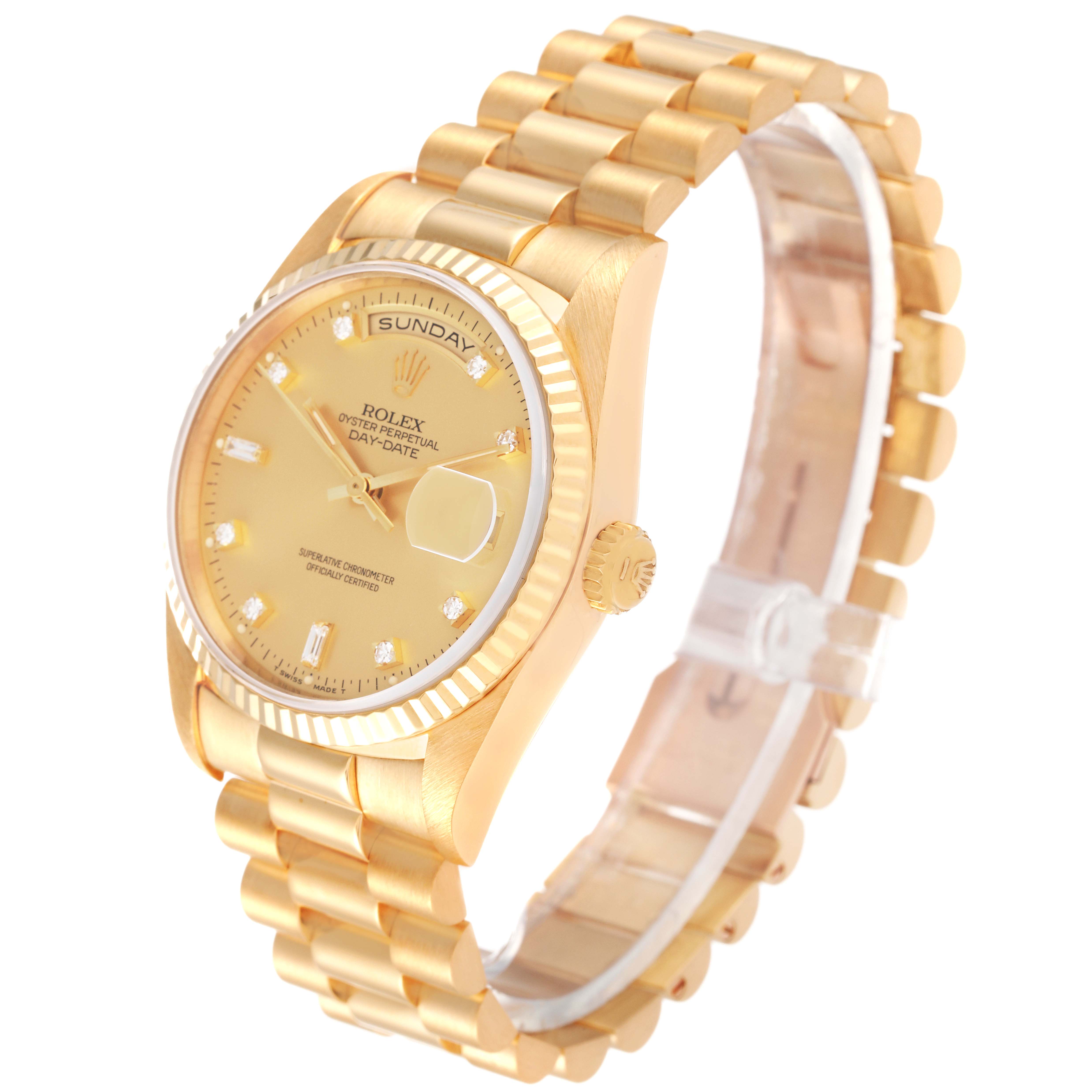 The image shows a Rolex President 18238 Men
s Yellow Gold Champagne Dial 18238 Men
s Yellow Gold Champagne Dial model watch at a three-quarter angle, highlighting its face, band, crown, and fluted bezel.