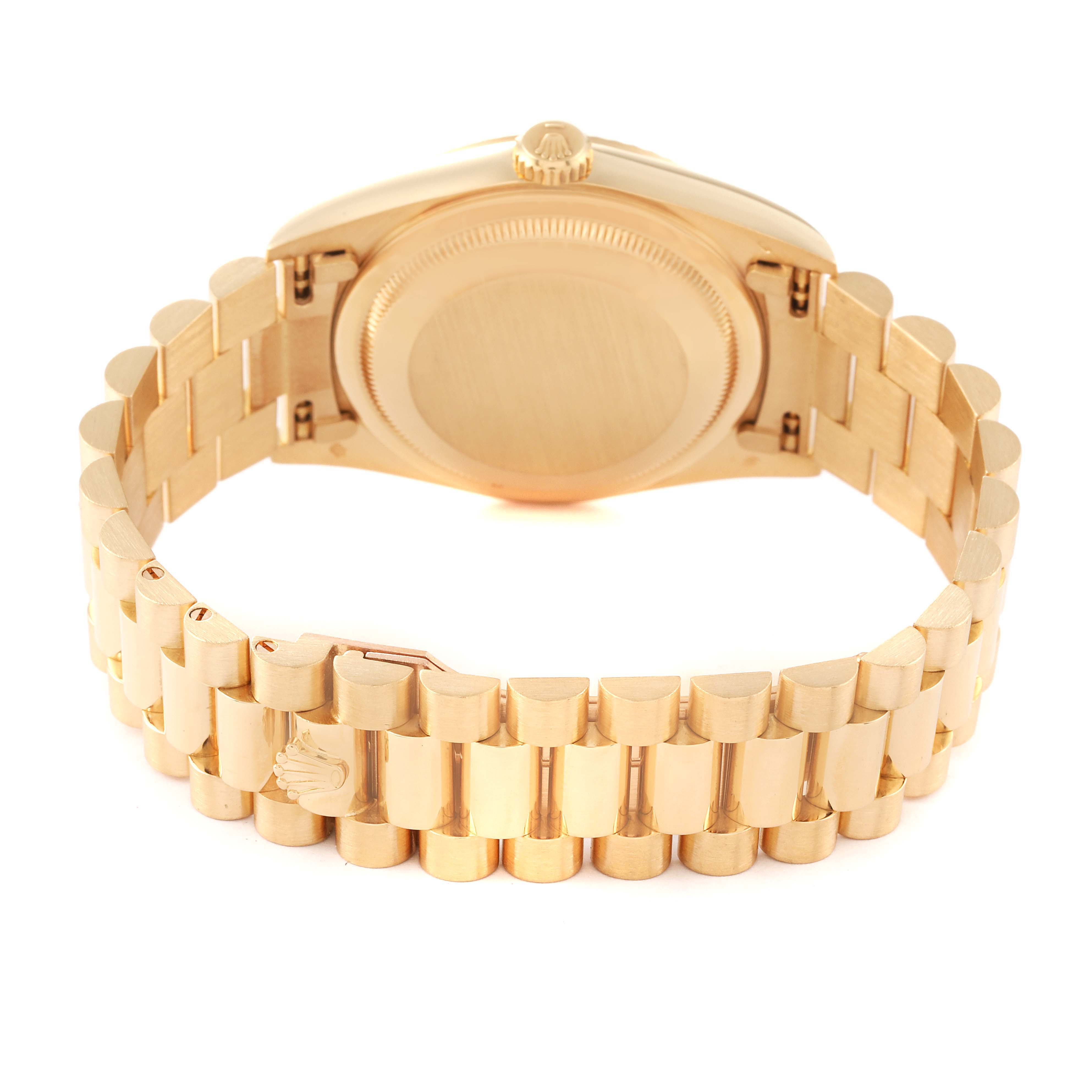 The image shows the back view of a Rolex President 18238 Men
s Yellow Gold Champagne Dial 18238 Men
s Yellow Gold Champagne Dial model watch, highlighting its gold bracelet and case back.