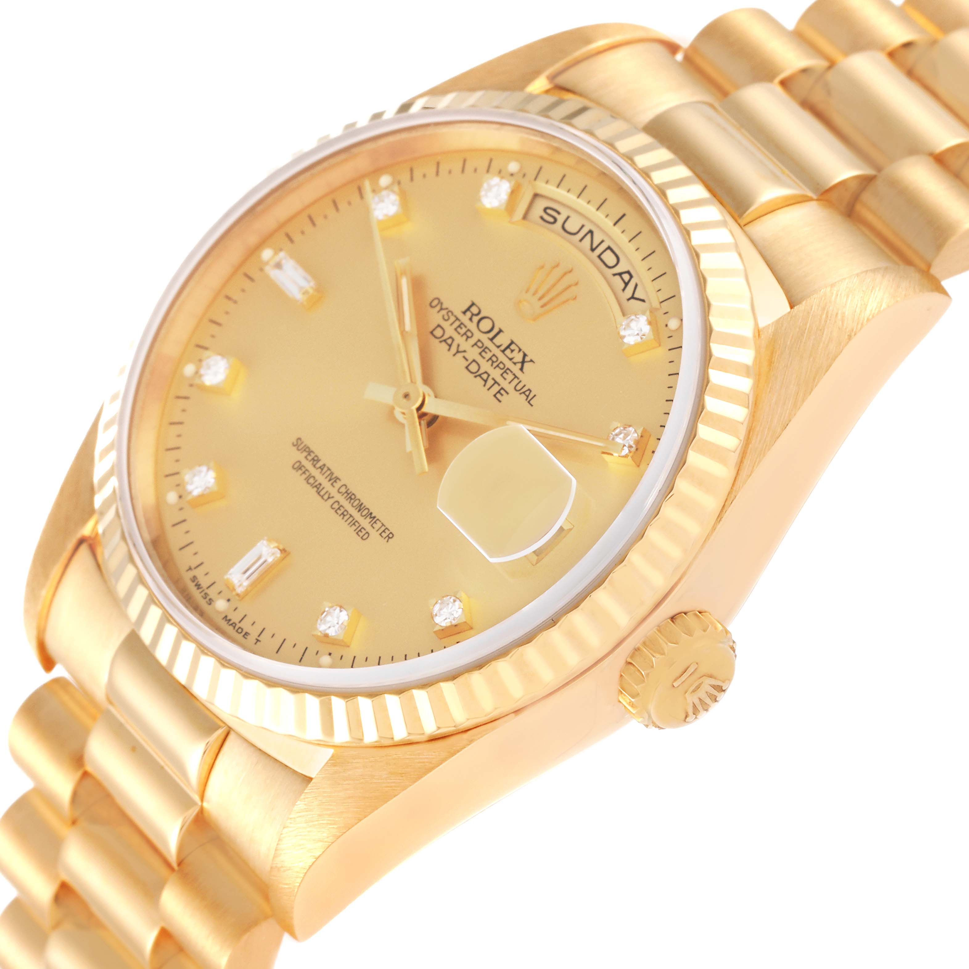 The image shows a close-up angle of the Rolex President 18238 Men
s Yellow Gold Champagne Dial 18238 Men
s Yellow Gold Champagne Dial model watch, highlighting the dial, bezel, crown, and part of the bracelet.