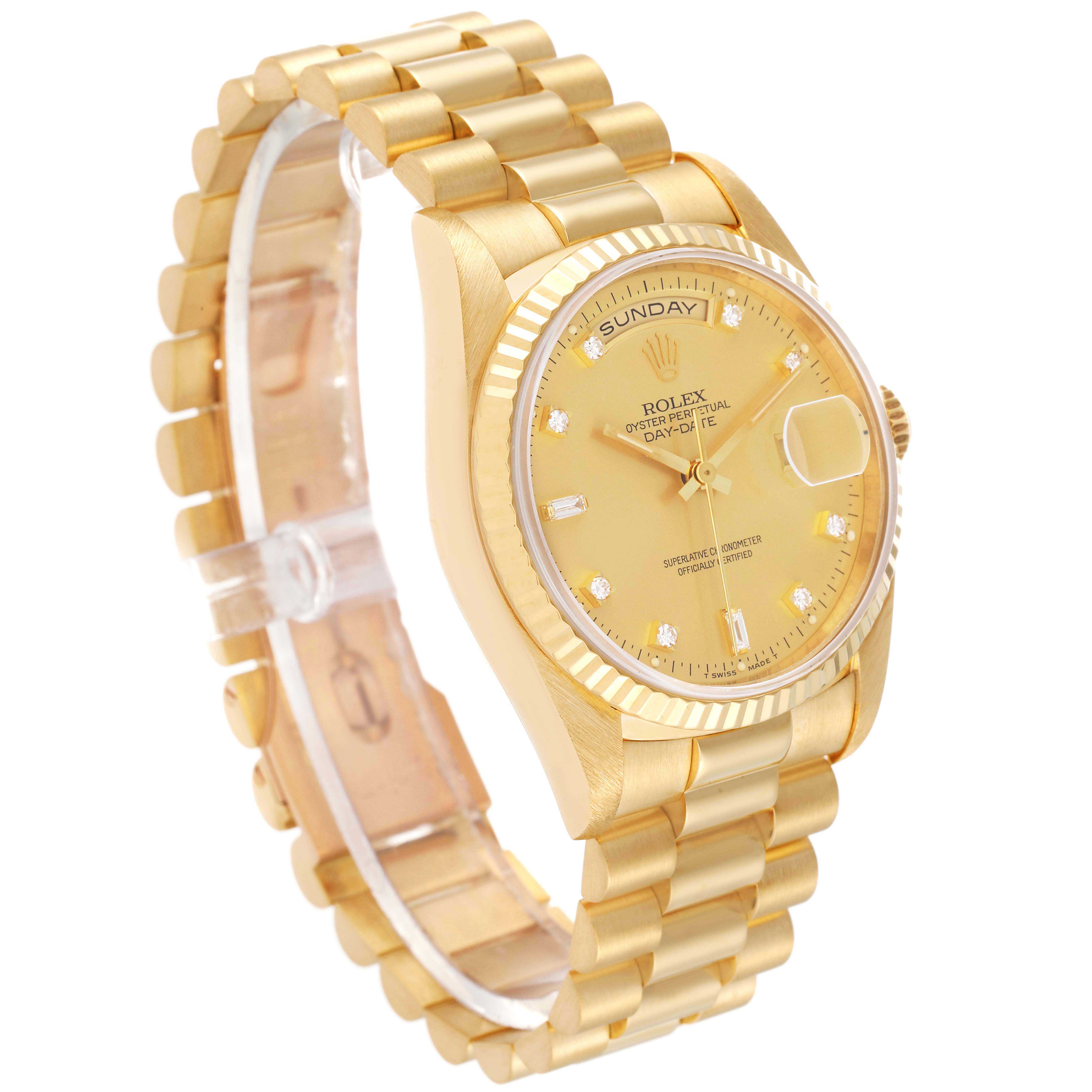 The image shows a Rolex President 18238 Men
s Yellow Gold Champagne Dial 18238 Men
s Yellow Gold Champagne Dial model watch at a slight side angle, highlighting its gold bracelet, dial, and bezel.