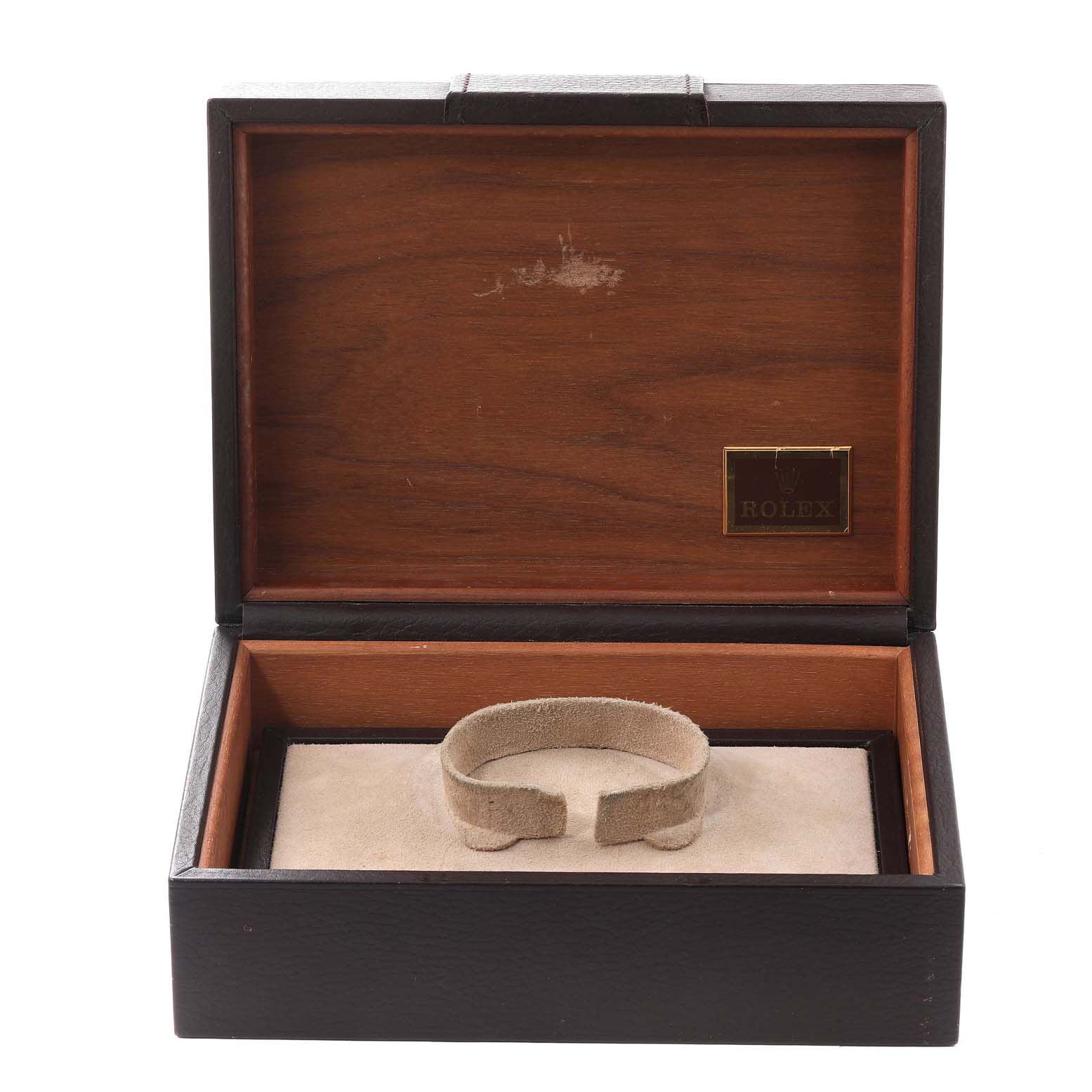 This image shows an open wood and leather box for a Rolex President 18238 Men
s Yellow Gold Champagne Dial 18238 Men
s Yellow Gold Champagne Dial model watch, with a cushion inside.