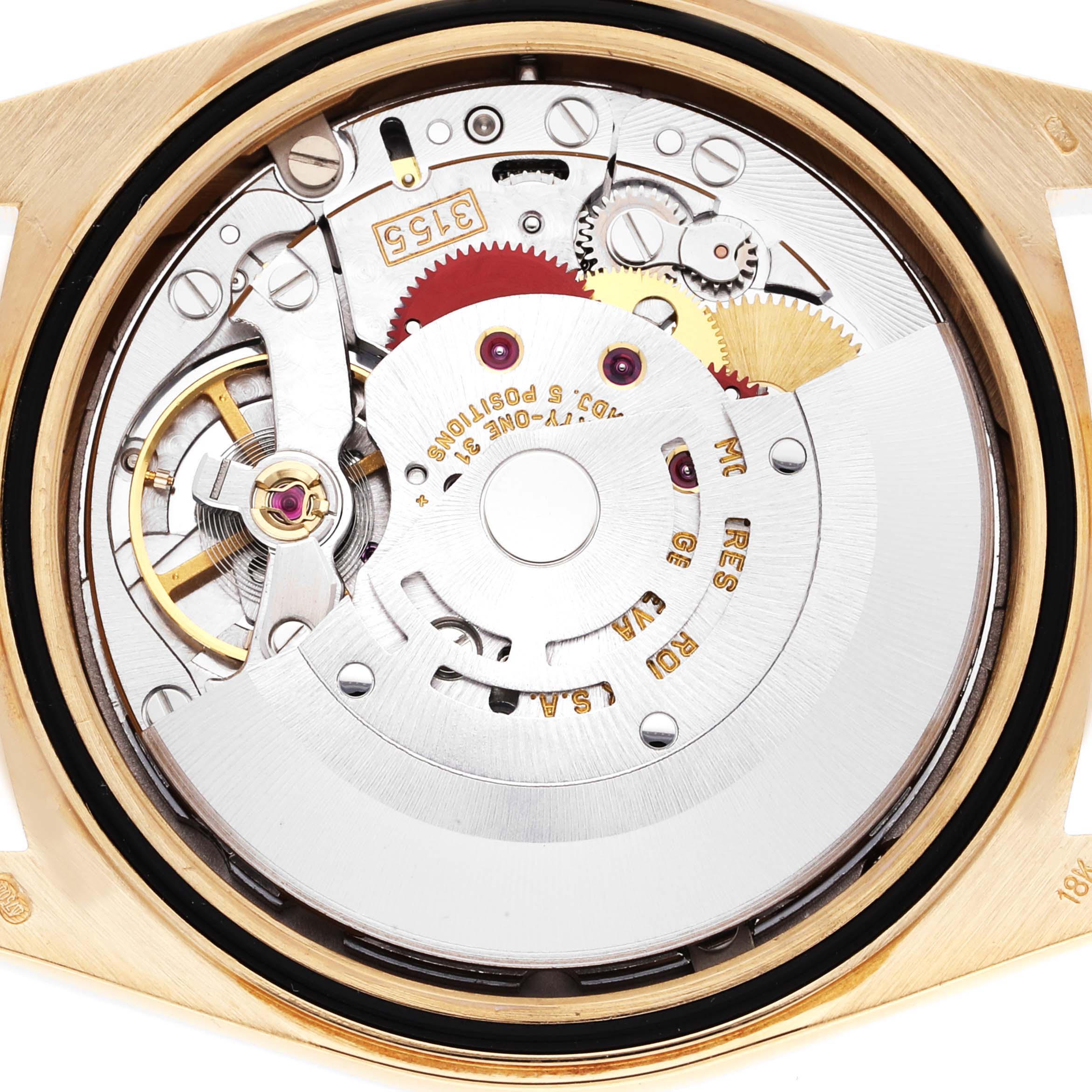 The image shows the intricate internal mechanism of a Rolex President 18238 Men
s Yellow Gold Champagne Dial 18238 Men
s Yellow Gold Champagne Dial model watch viewed from the back.