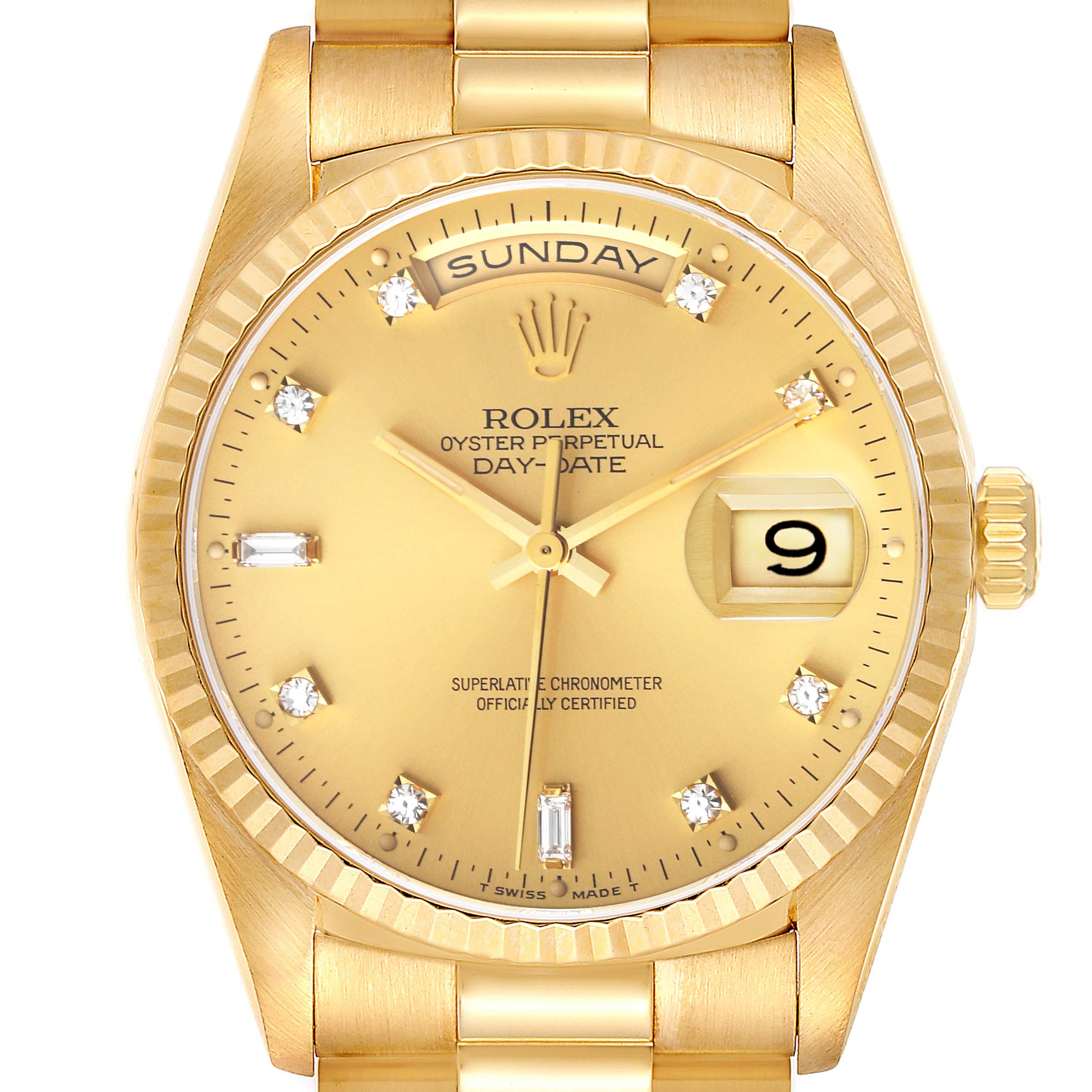 The image depicts a Rolex President 18238 Men
s Yellow Gold Champagne Dial 18238 Men
s Yellow Gold Champagne Dial model watch, showing its gold face, day and date windows, and diamond hour markers.