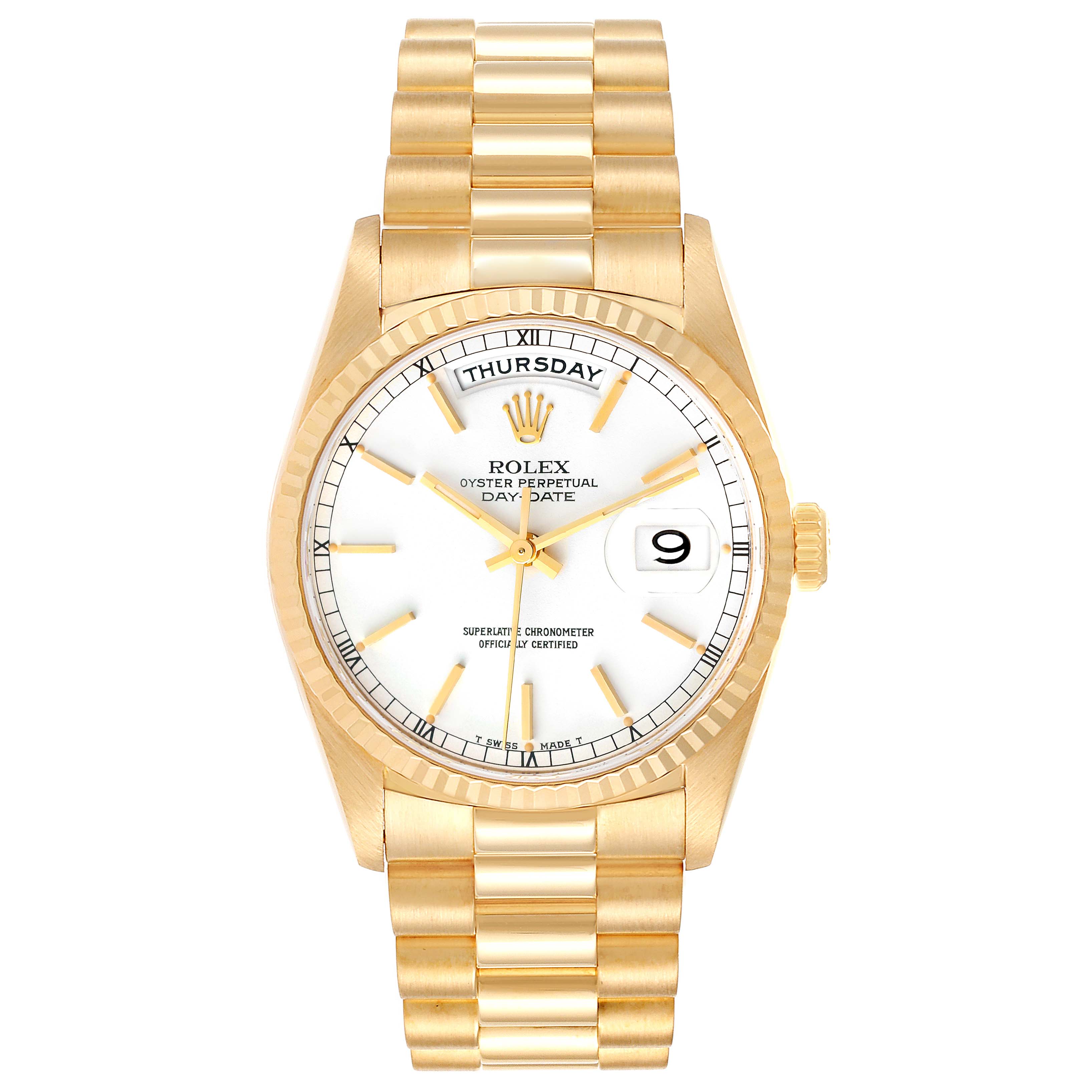 This image shows a front view of the Rolex President 18238 Men
s Yellow Gold White Dial 18238 Men
s Yellow Gold White Dial model watch, displaying the face, bracelet, and crown.