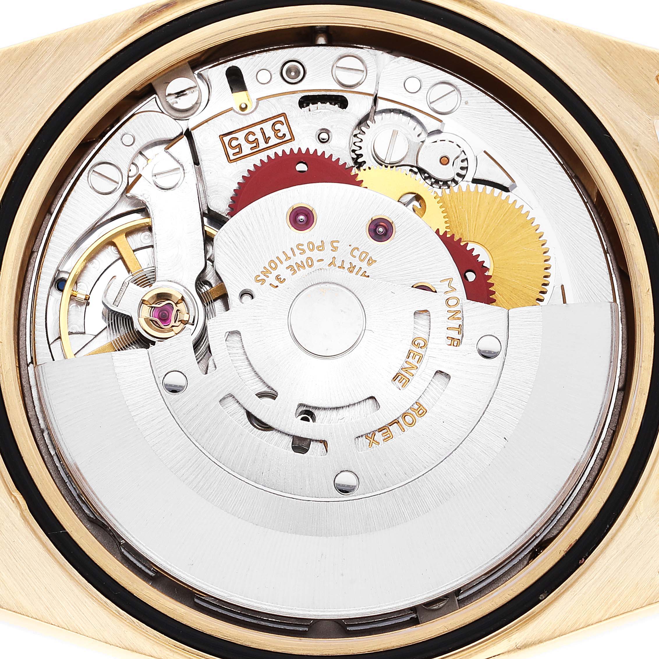 This image shows the inner mechanical movement of a Rolex President 18238 Men
s Yellow Gold White Dial 18238 Men
s Yellow Gold White Dial model watch from a top-down angle.