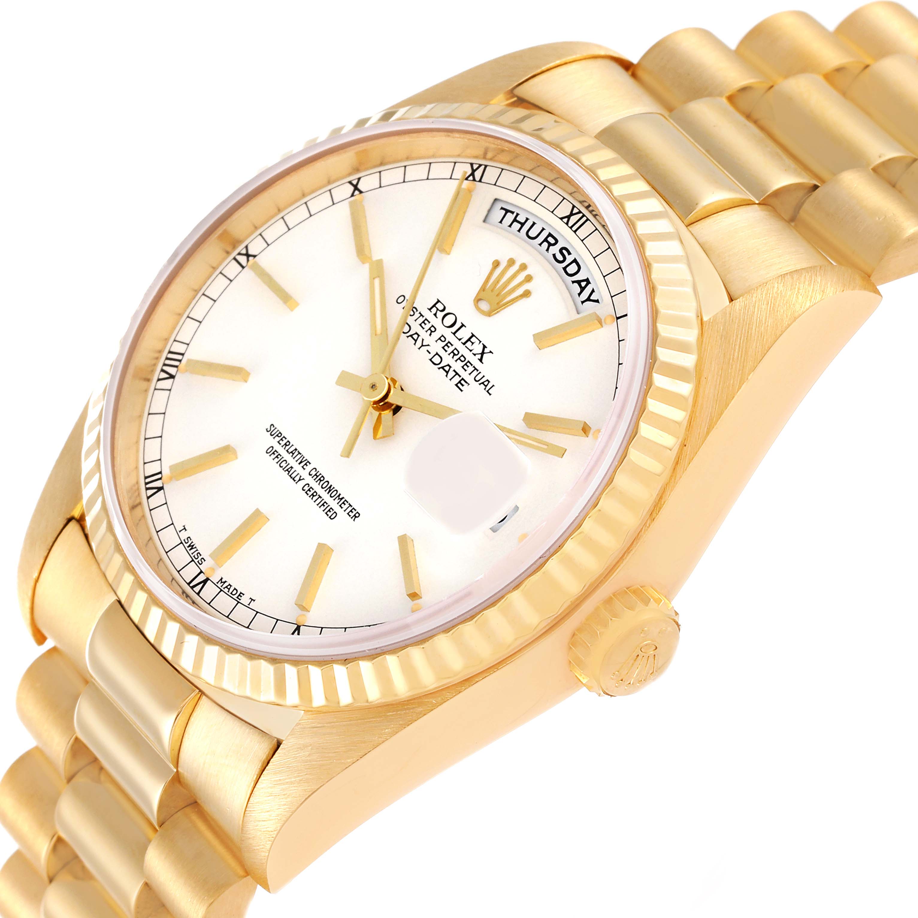 The Rolex President 18238 Men
s Yellow Gold White Dial 18238 Men
s Yellow Gold White Dial model watch is shown at a slight angle, revealing the face, crown, bezel, and part of the bracelet.